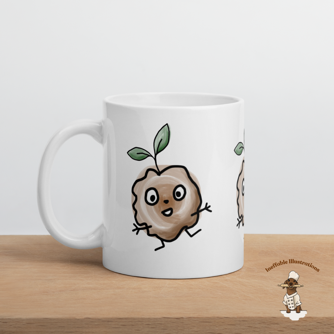 Mug "Eath peace Rocco with his brocoli sprout on the head". White glossy mug with cute hand painted sprout