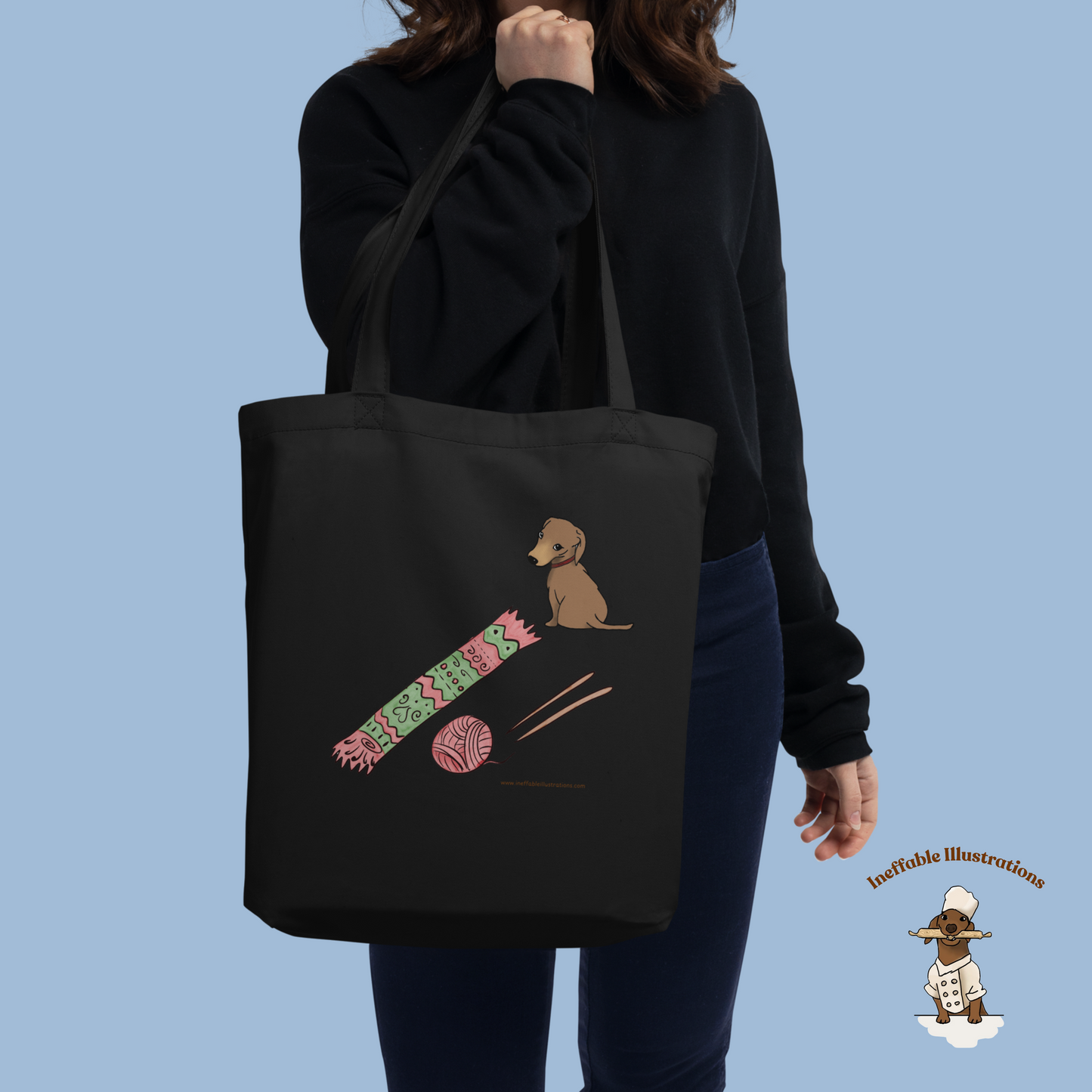 Eco Tote Bag with Cute Dachshund Oliver, Yarn, Knitting Needles and Knitted Scarf, Perfect for Dog Lovers & Crafters, Reusable Shopping Tote