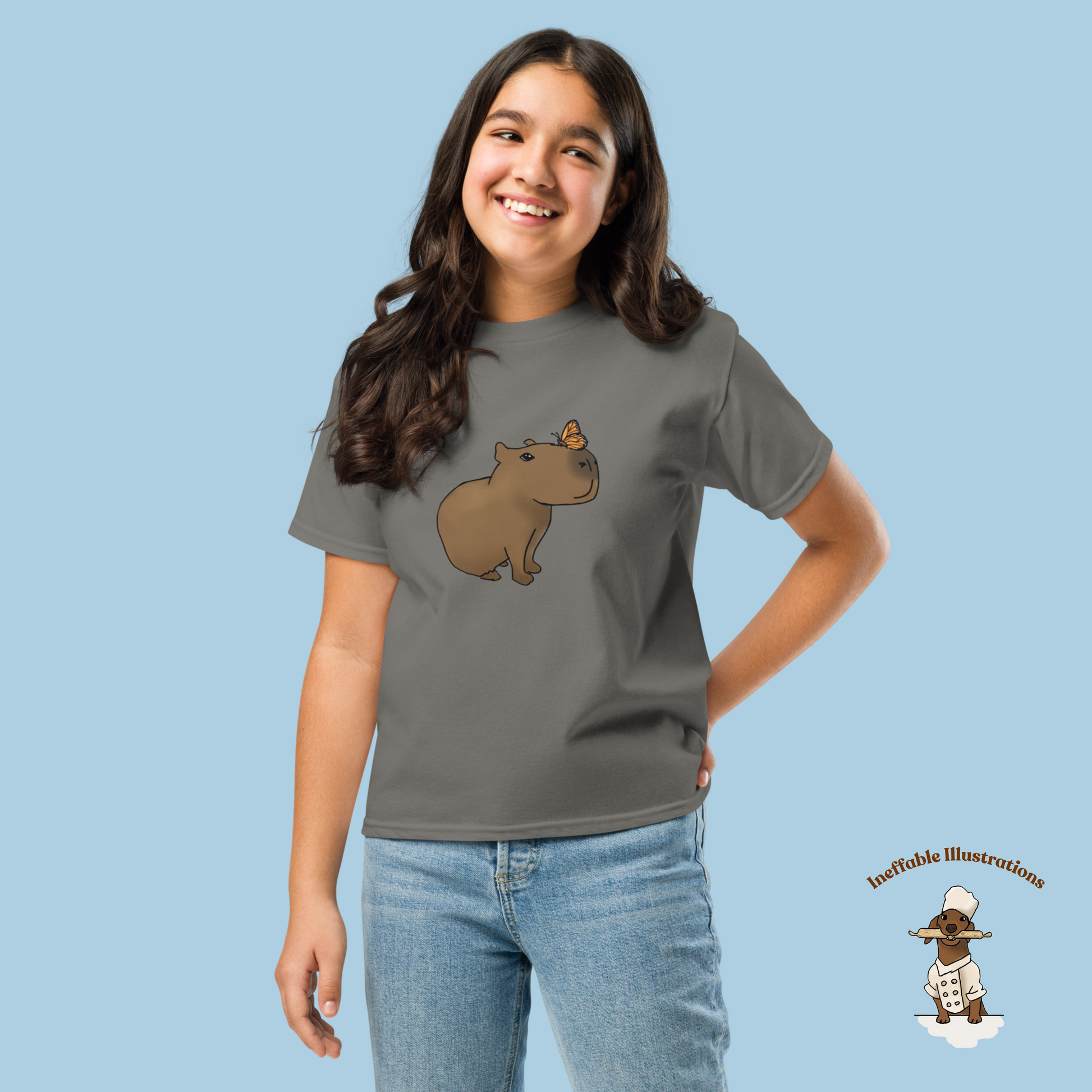 Youth Classic Tee with Hand Drawn Cute Capybara Jolly with Butterfly Shirt Kids Animal Graphic Top - Ineffable Illustrations