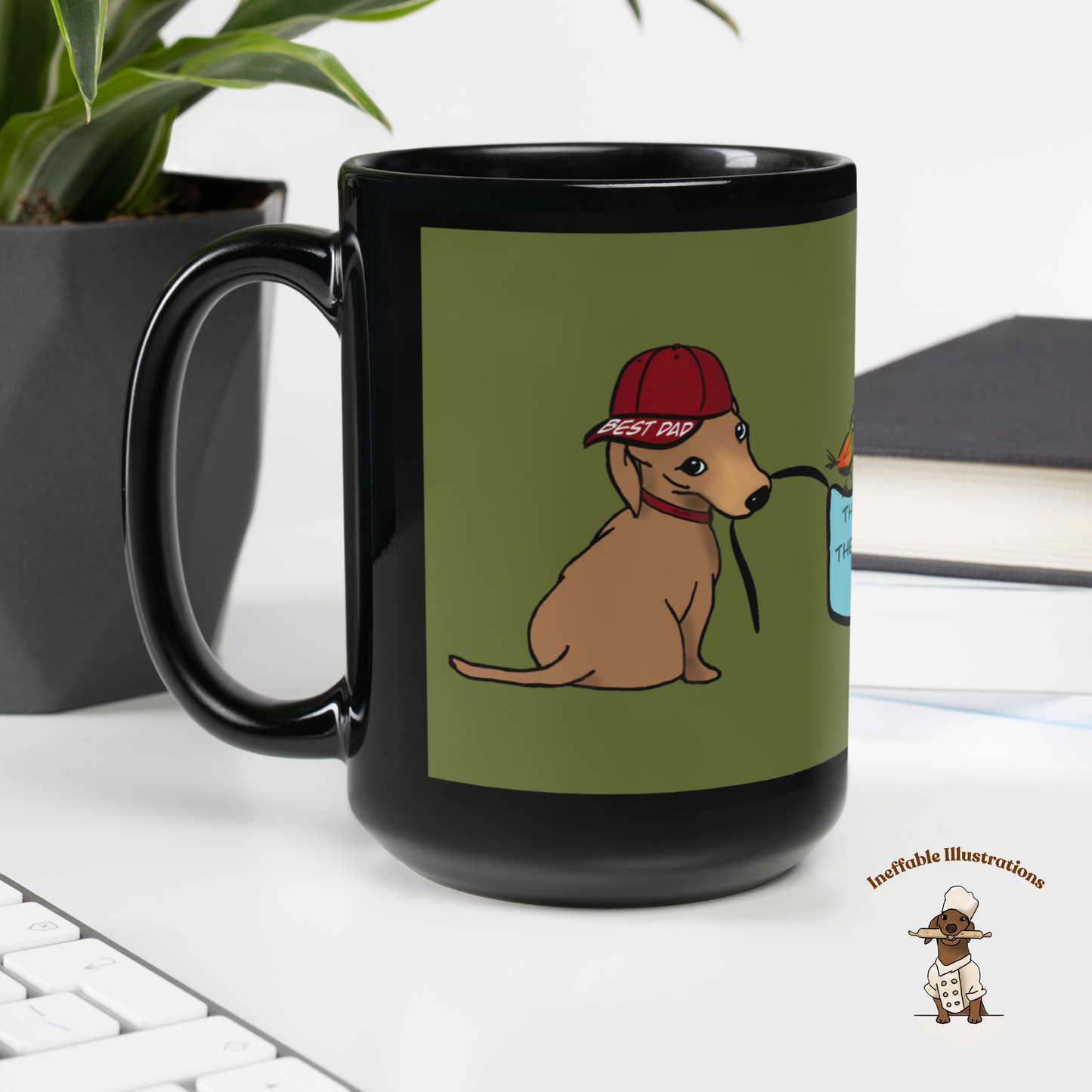 Black Glossy Dad Mug with Cute Hand Drawn Dachshunds Holding Sign - Best Dad Ever Coffee Cup Gift for Fathers Day - Ineffable Illustrations