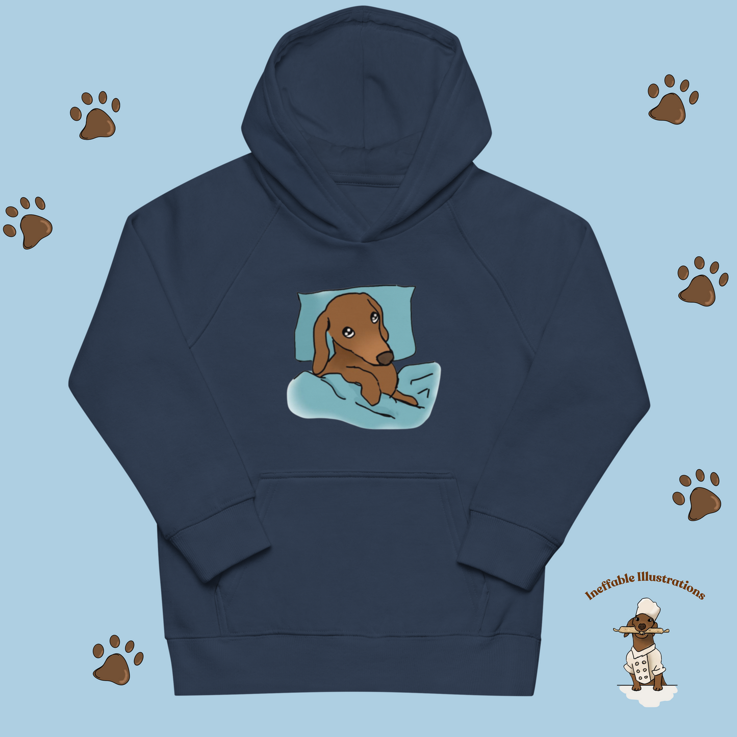 Kids Eco Hoodie with Sleepy Dachshund Oliver Illustration, Hand Illustrated, Cute Eco-Friendly Sweatshirt, Perfect Gift for Children