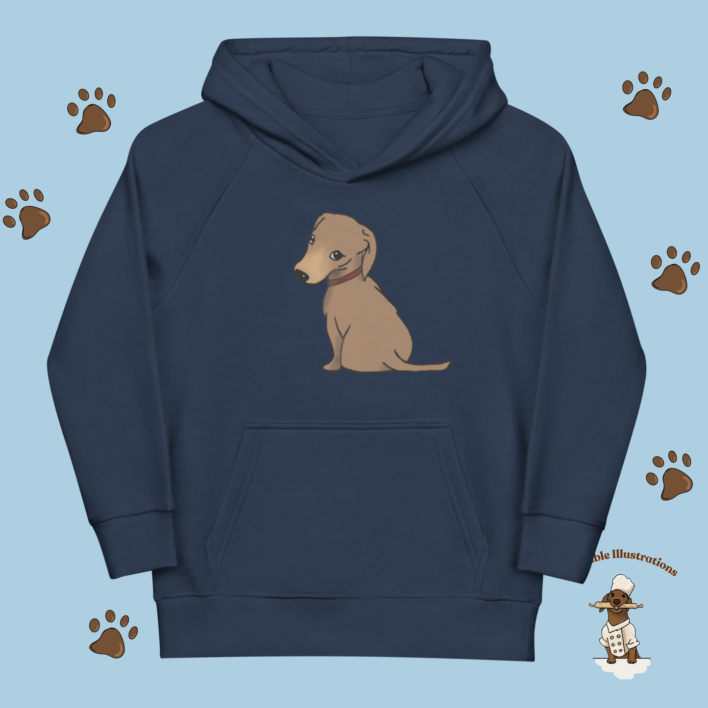 Kids Eco Hoodie with Cute Dachshund Oliver | Sustainable Fashion for Children | Adorable Animal Apparel | Drawn by Hand