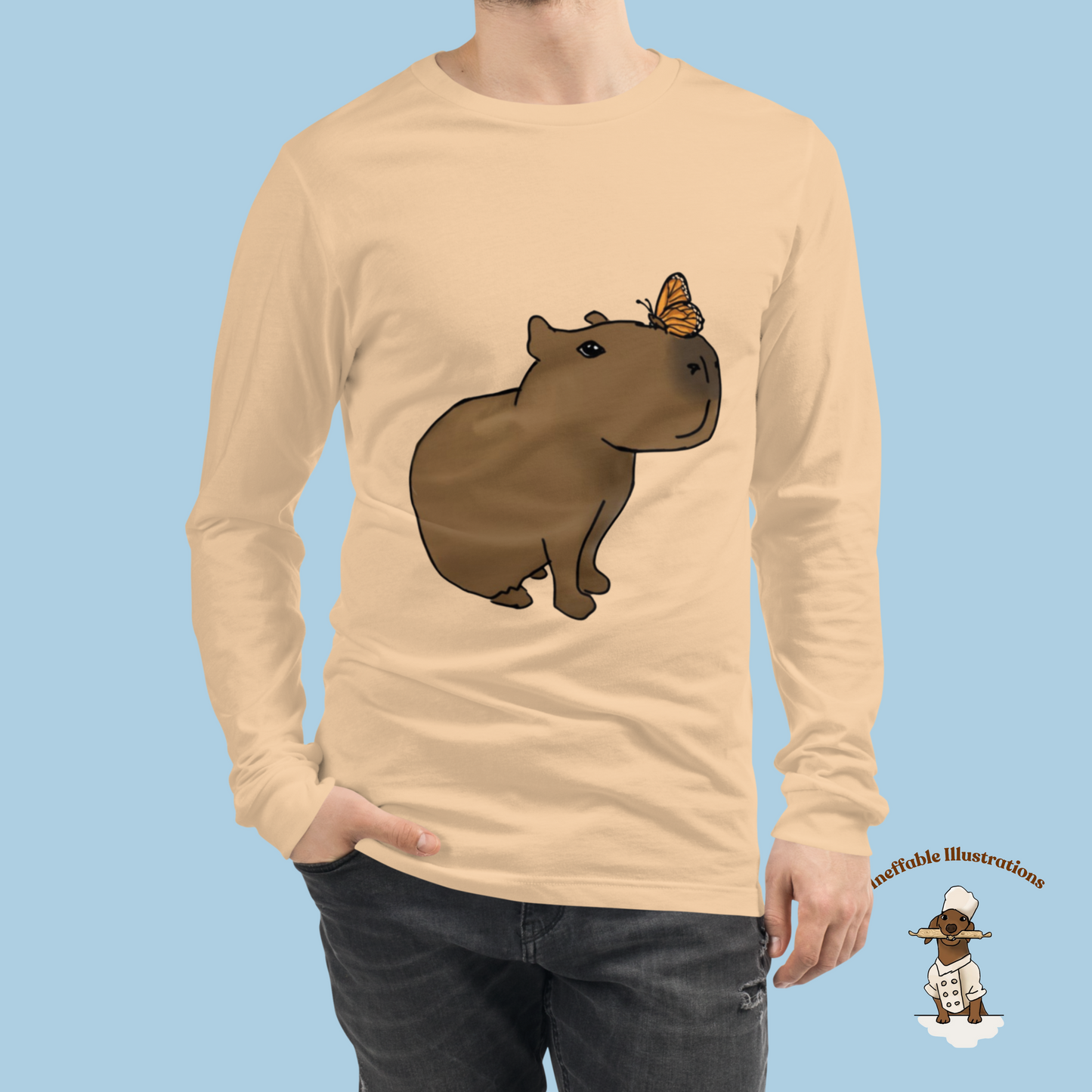 Shirt. Unisex Long Sleeve Shirt with cute Capybara Jolly with butterfly illustration, drawn by hand. Capybara shirt