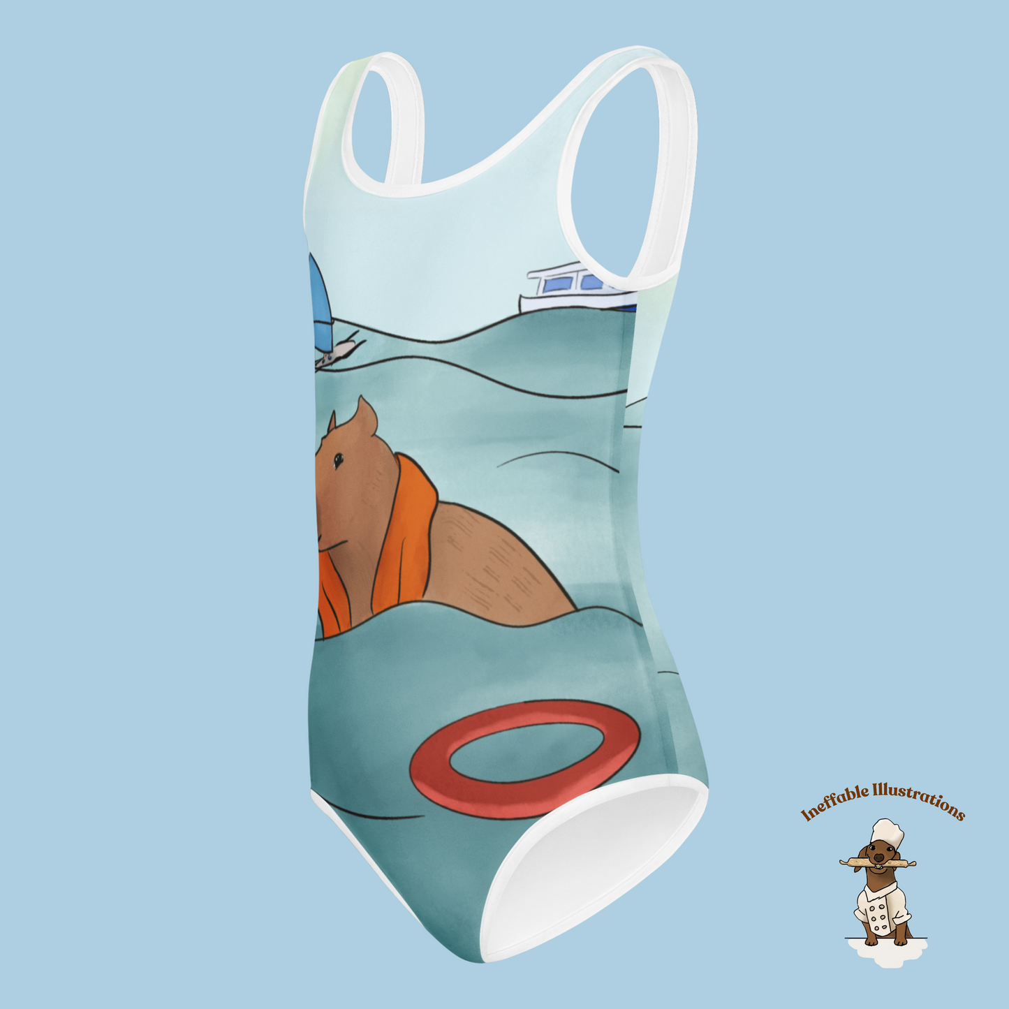 Kids Swimsuit with Cute Hand Drawn Capybara Jolly Enjoying Summer In The Sea Design, Toddler Bathing Suit, Beachwear for Girls - Ineffable Illustrations