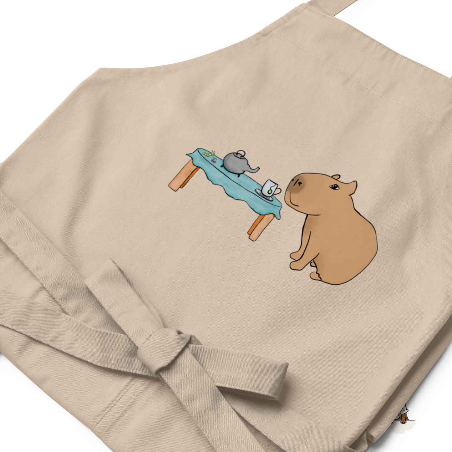 Organic Cotton Apron with Cute Capybara Drinking Tea with Caterpillar - Hand Drawn Illustration, Eco-Friendly Kitchen Accessory