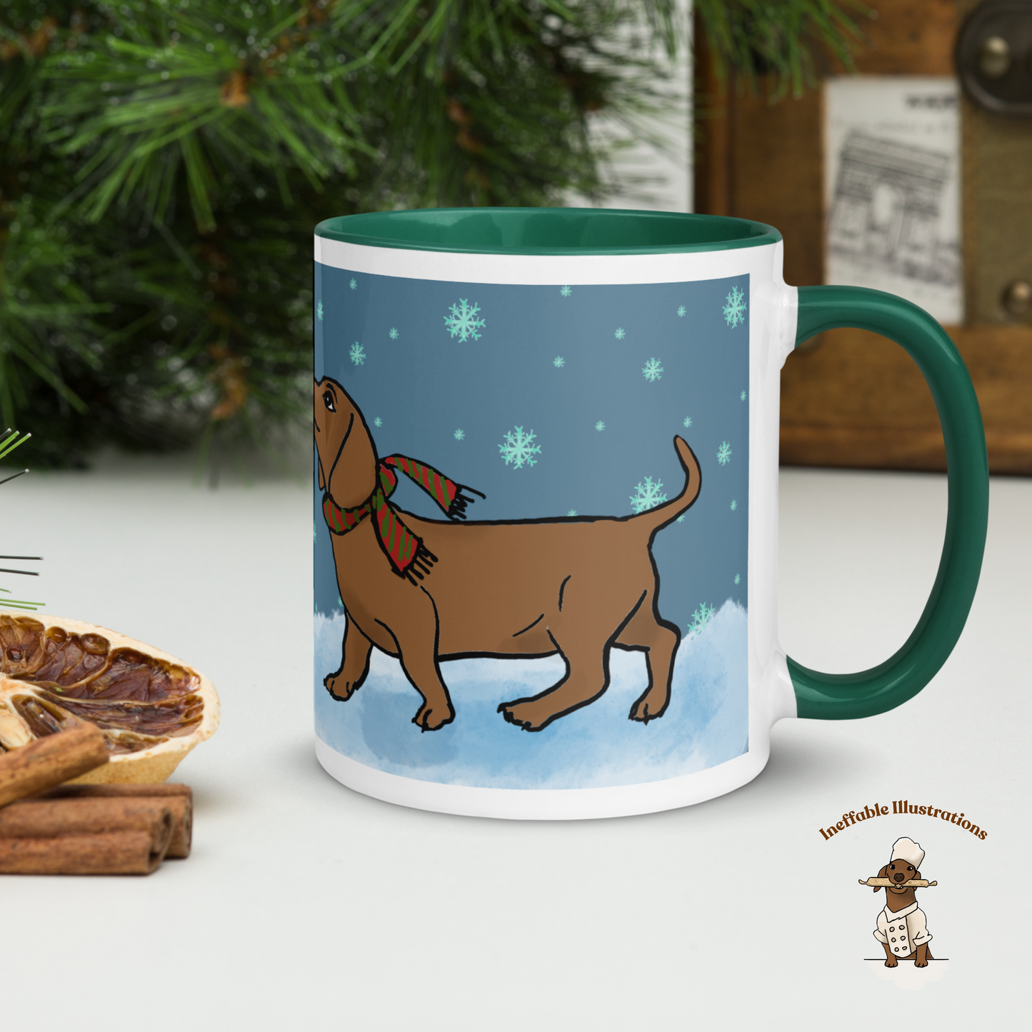 Christmas Mug. Dachshund Mug with Color Inside, dachshund Oliver Enjoying Winter Snow Design, Cute Dog Lover Gift, Cozy Hot Beverage Cup, Drawn by Hand