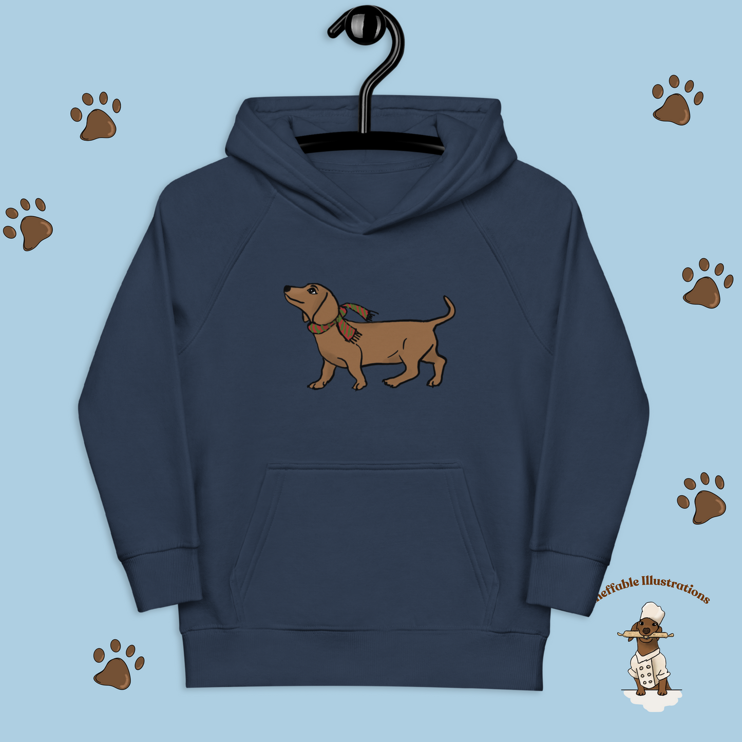 Kids Eco Hoodie with Cute Dachshund Oliver with Scar - Sustainable Children's Apparel, Perfect Gift for Dog Lovers, Hand drawn illustration