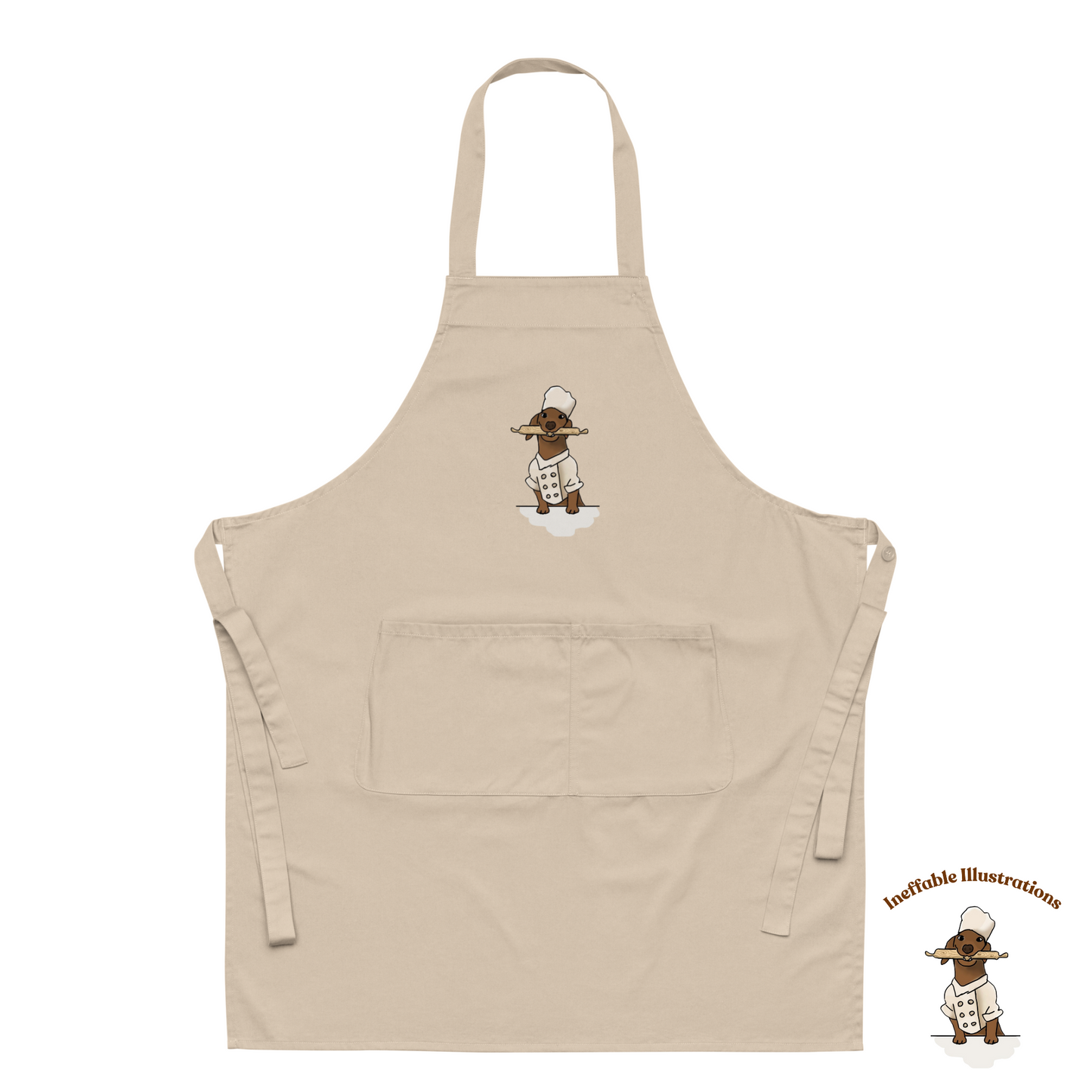 Organic cotton apron with the cute image of sausage dog chef