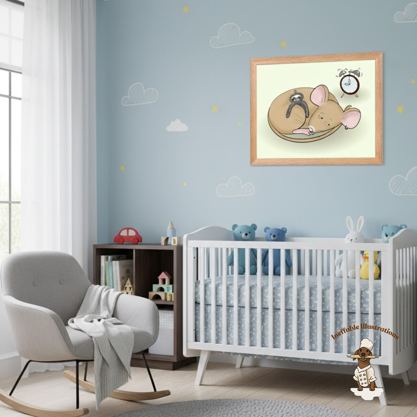 Sleepy Pedro Mouse with Sloth Toy - Nursery & Kids Room Framed Poster (Green)