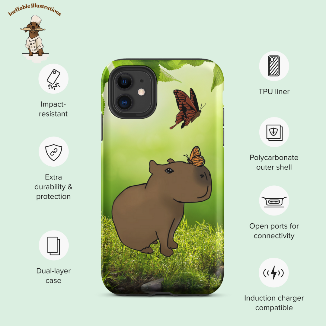 IPhone case "Cute Capybara Jolly and Butterflies". Tough Case for iPhone® Drawn by hand.