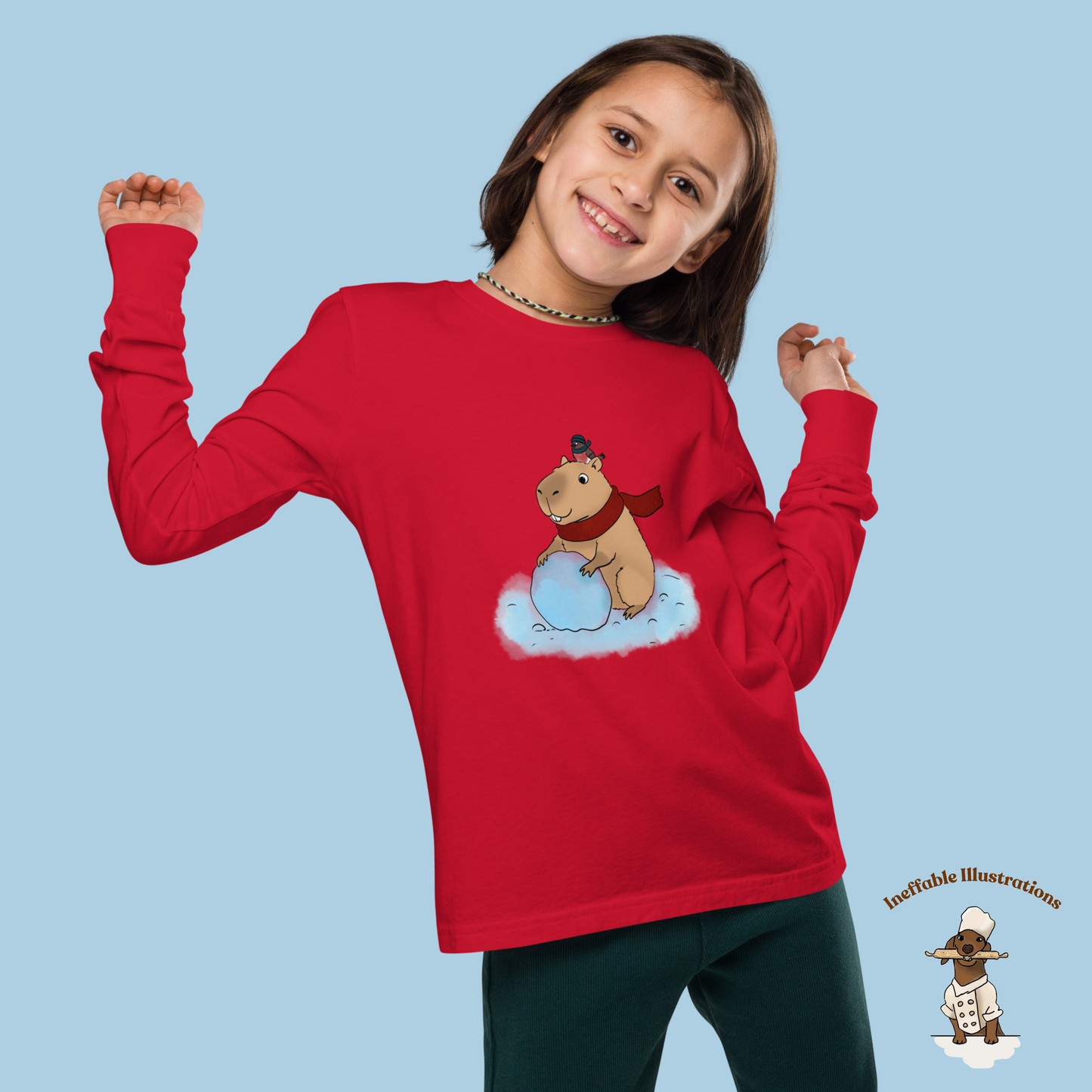 Jolly Capybara Christmas Youth Long Sleeve Tee - Festive Winter Snowman Design