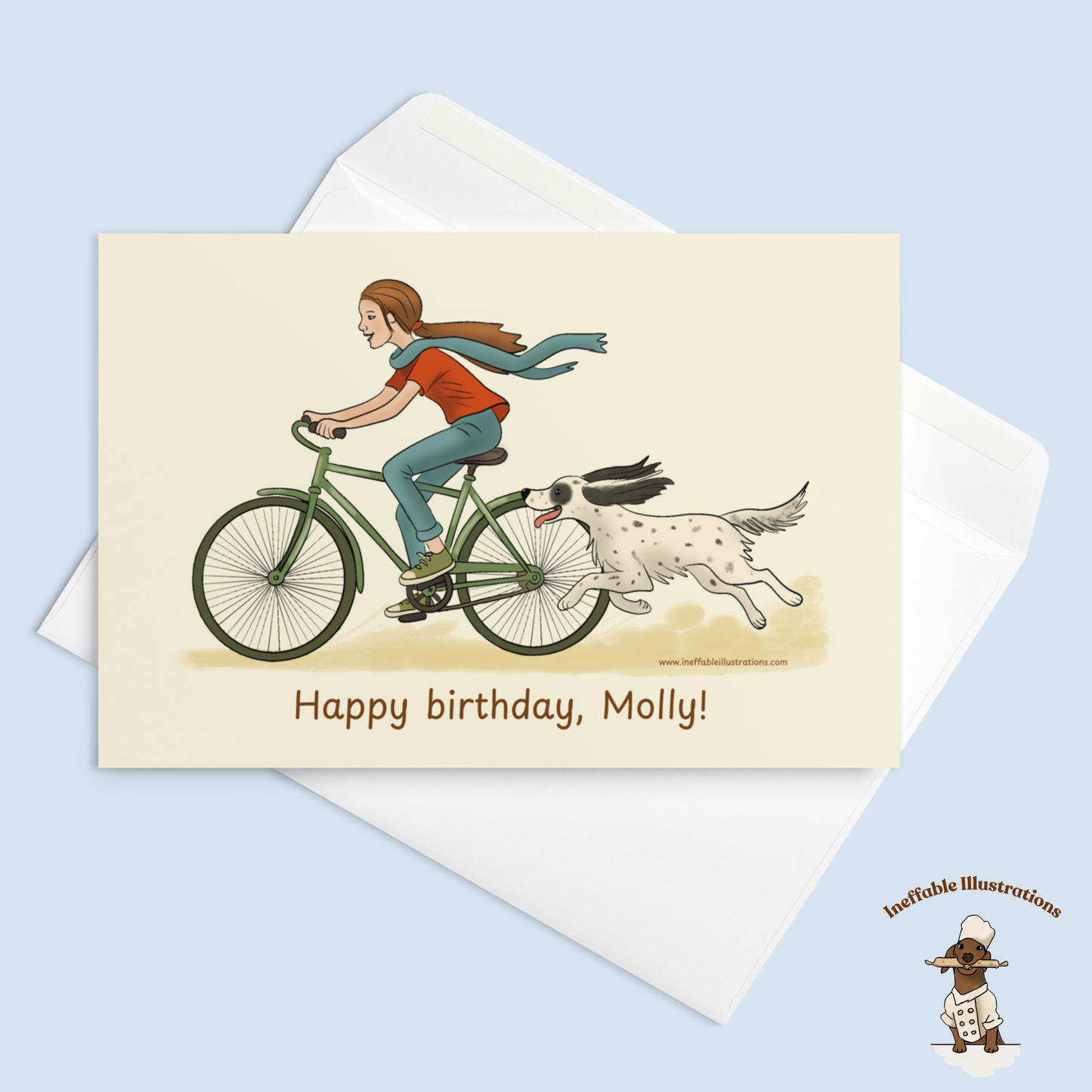 Personalized Birthday Card - English Setter & Girl Adventure | Beige Background Custom Name Card