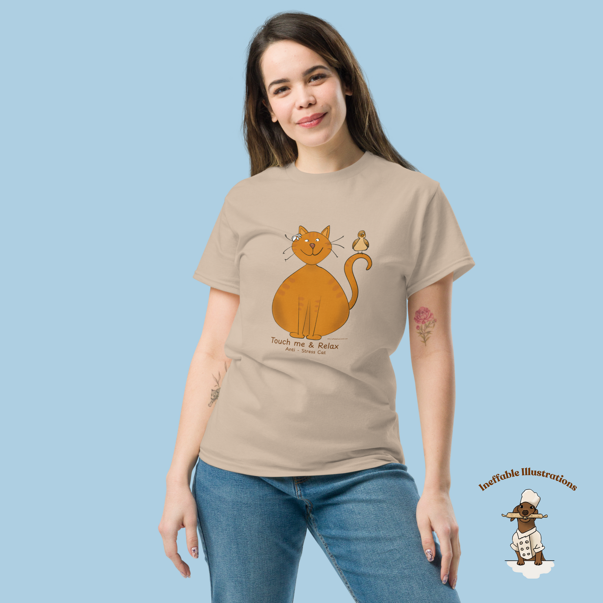 Funny Ginger Cat T-Shirt – Hand-Drawn Anti-Stress Cat with Relaxed Bird & “Touch Me & Relax” | Unisex 100% Cotton Classic Tee, Trendy Streetwear - Ineffable Illustrations
