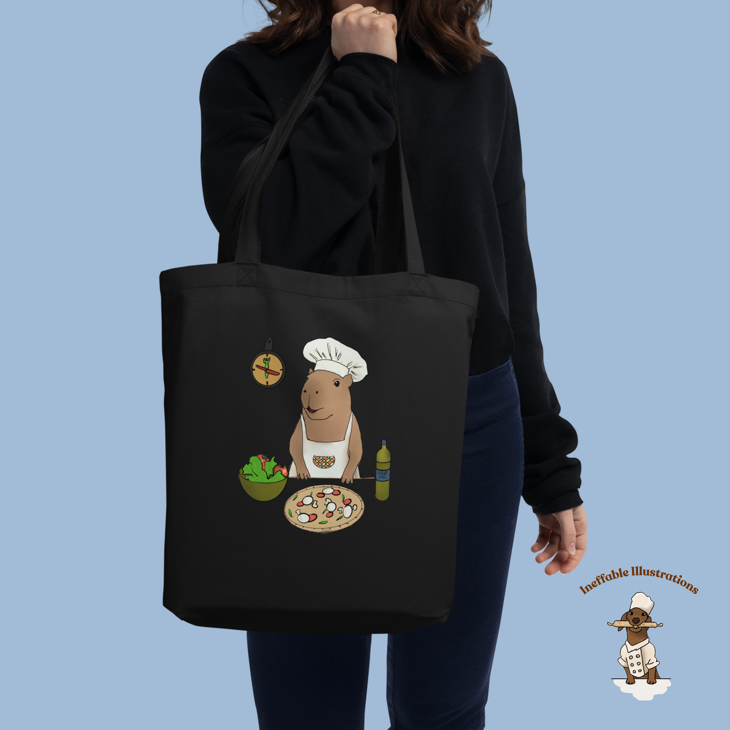 Eco Tote Bag with Cute Hand Drawn Capybara Jolly Chef Making Pizza & Salad, Reusable Shopping Bag, Eco-Friendly Gift Idea