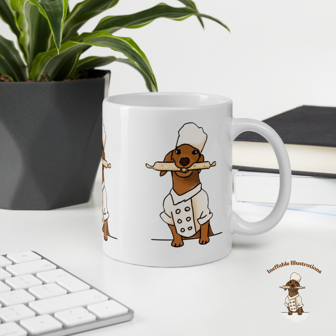 Mug "Oliver cooking". Sausage Dog Chef Mug, Cute White Glossy Coffee Cup, Adorable Dachshund Gift, Dog Lover's Kitchen Decor & Accessories