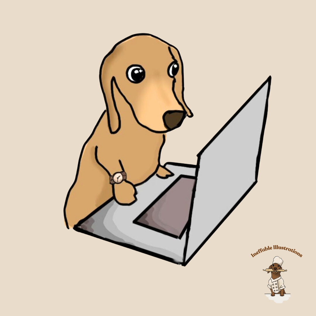 Mug "Dachshund Oliver working on computer". Cute sausage dog mug. White glossy mug.