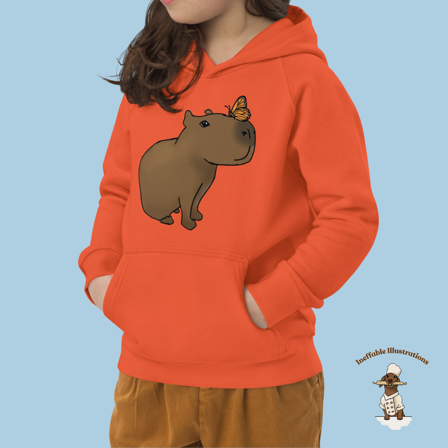 Kids Eco Hoodie with Capybara Jolly and Butterfly Design Drawn by Hand | Comfortable Organic Cotton Sweatshirt for Boys and Girls