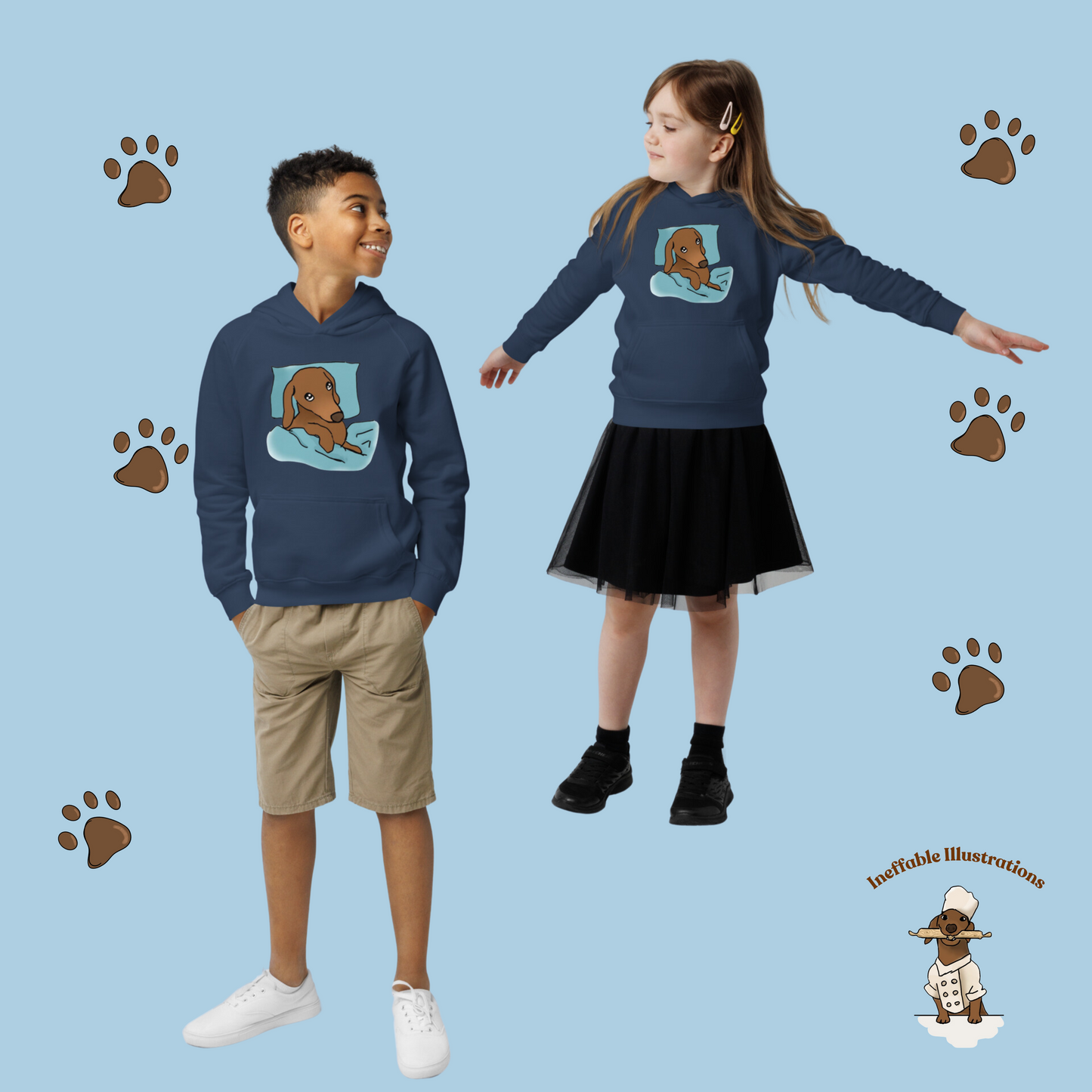 Kids Eco Hoodie with Sleepy Dachshund Oliver Illustration, Hand Illustrated, Cute Eco-Friendly Sweatshirt, Perfect Gift for Children