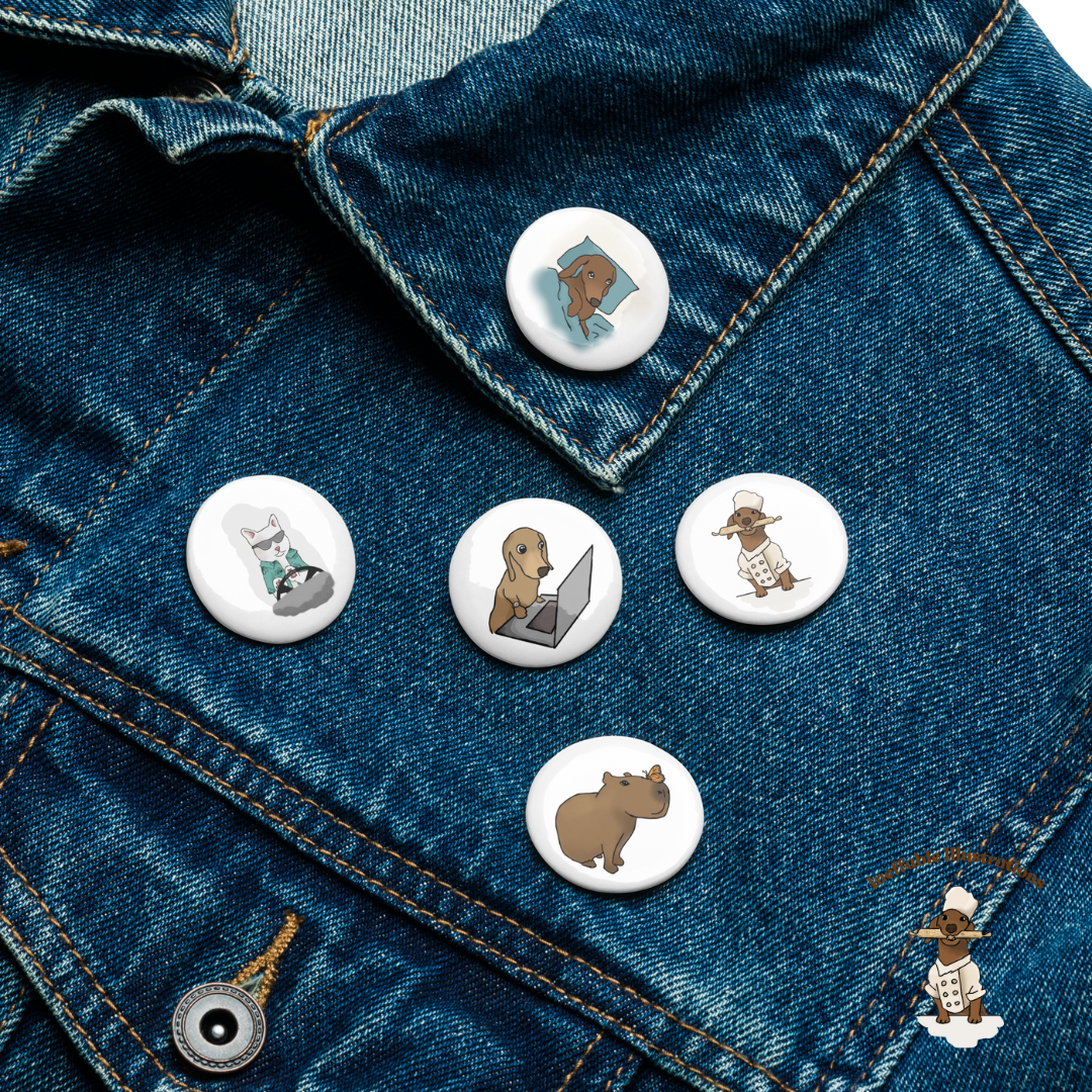 Set of Pin Buttons "Oliver and his friends", Hand Drawn Illustrations of Dachshund Oliver, Capybara Jolly & Cat Ralph, Cute Animal Friends Gifts