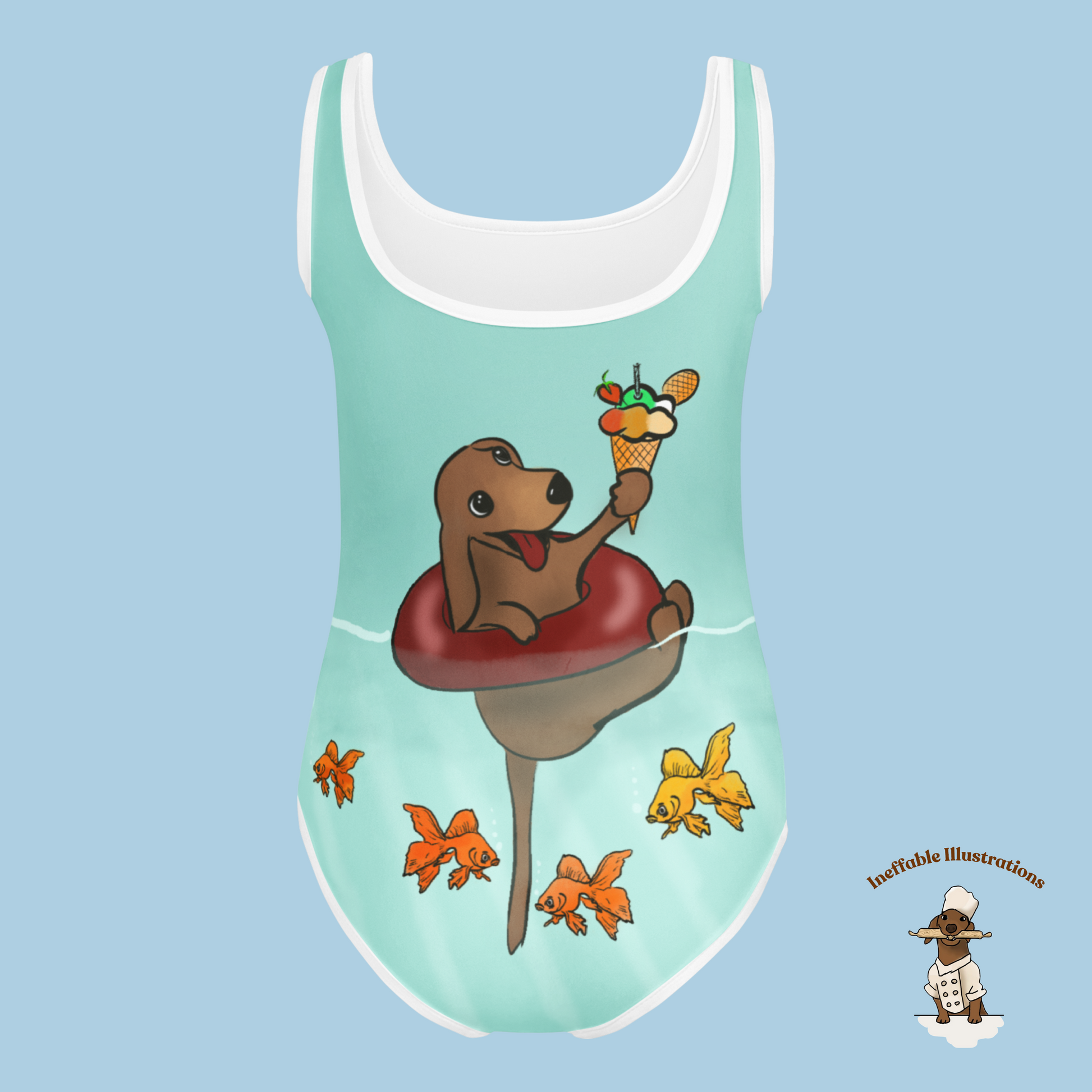 Kids Swimsuit Cute Dachshund Oliver Floating in Sea with Ice Cream & Small Fishes Underwater Beachwear - Ineffable Illustrations
