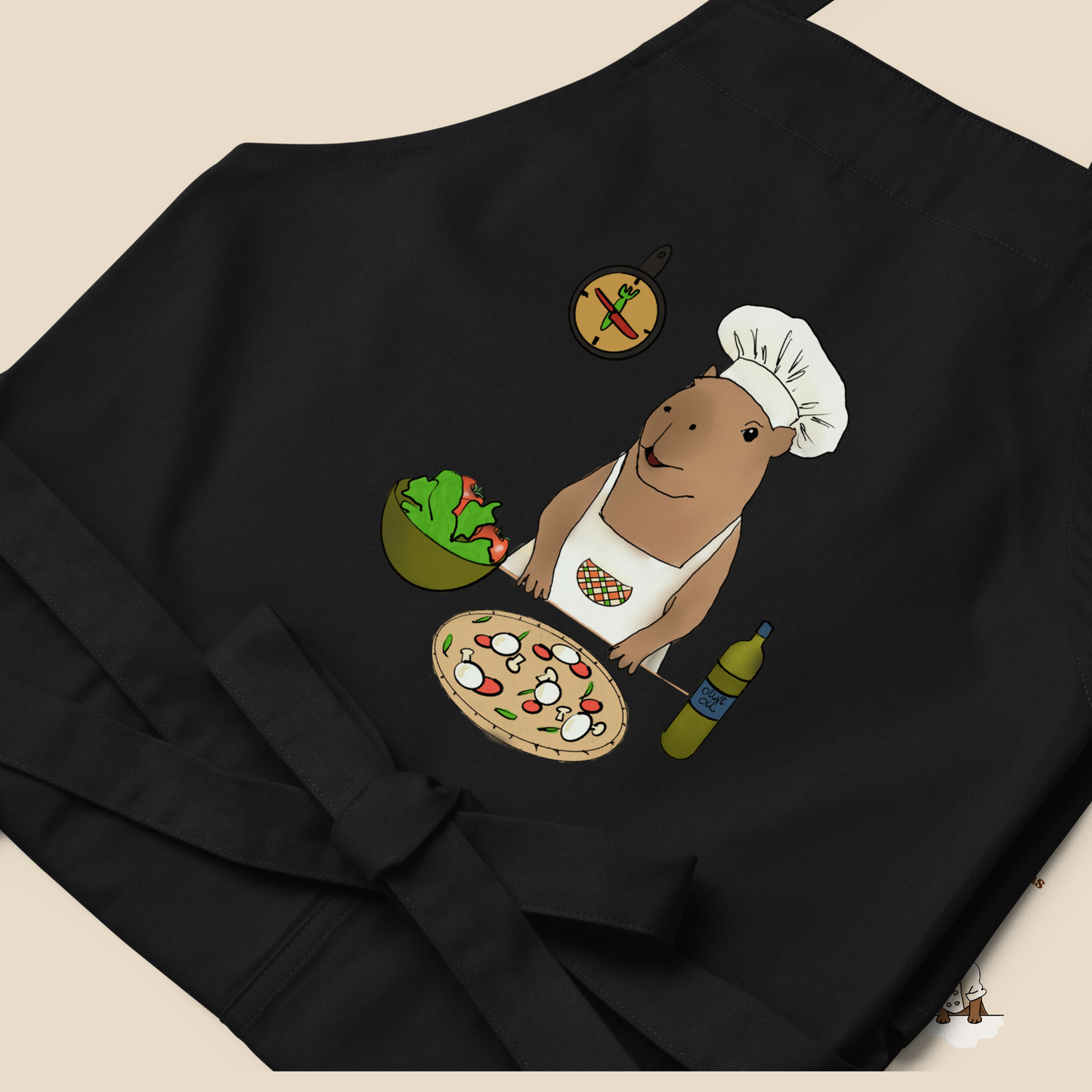 Organic Cotton Apron with Capybara Jolly | Cute Kitchen Apron for Healthy Cooking, Pizza & Salad Making, Gift for Chefs