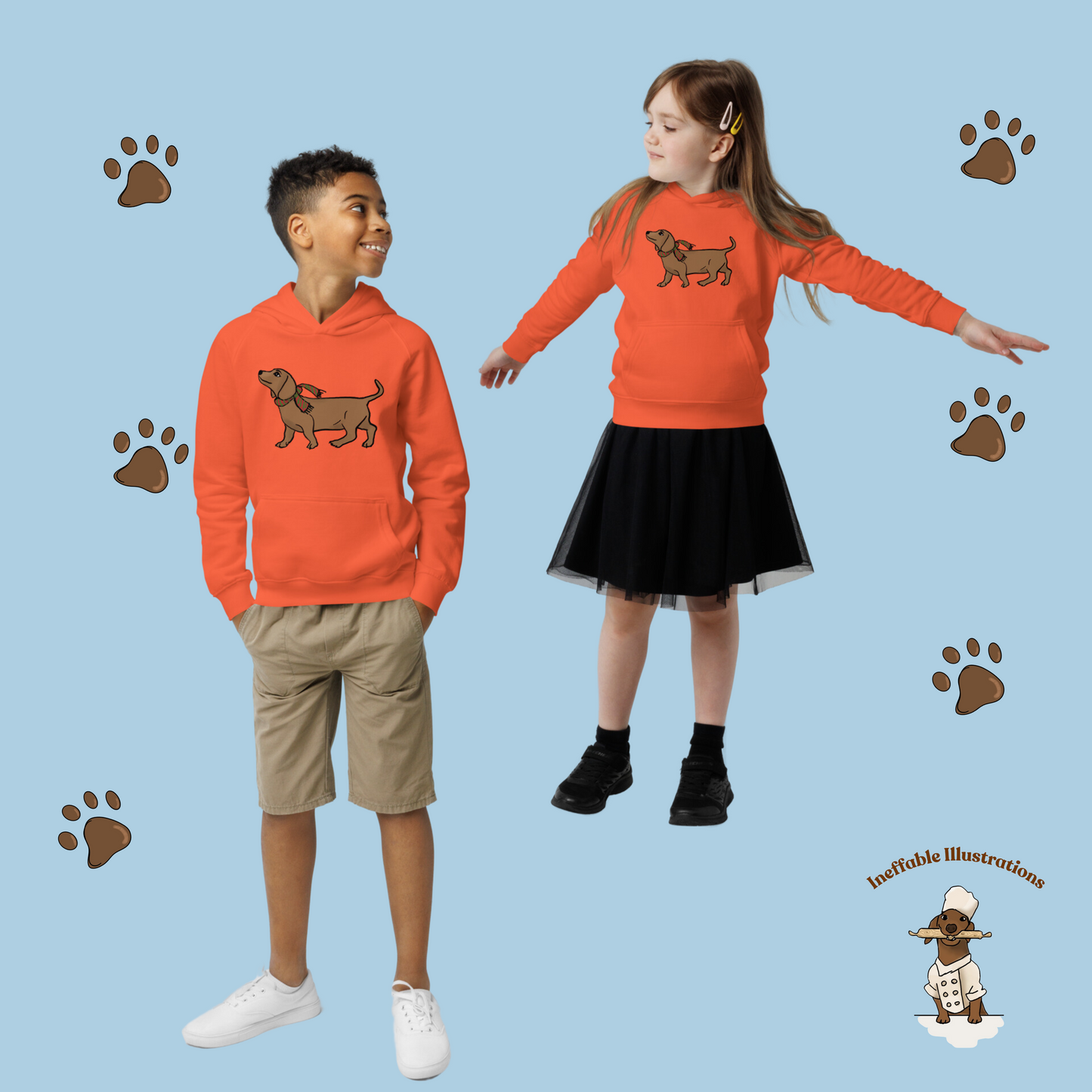 Kids Eco Hoodie with Cute Dachshund Oliver with Scar - Sustainable Children's Apparel, Perfect Gift for Dog Lovers, Hand drawn illustration