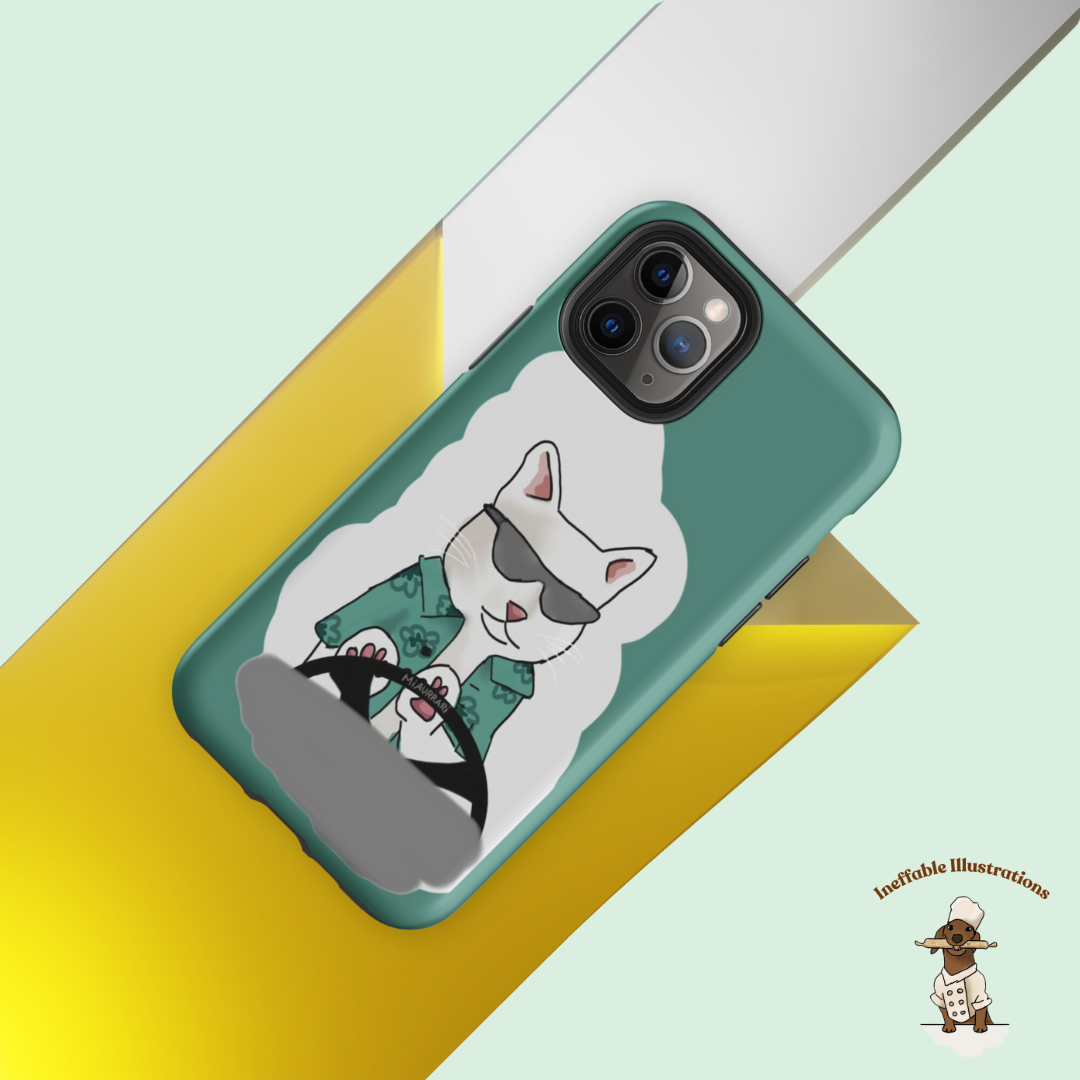 IPhone case. Durable Dual-Layer iPhone Case Featuring Ralph the Cat in a Luxurious Car - Fun & Functional!