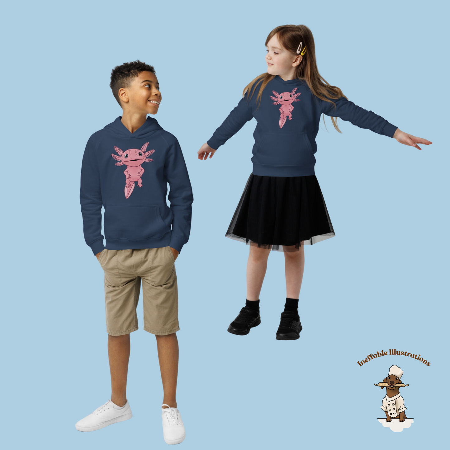 Kids Eco Hoodie with Cute Axolotl Albert - Organic Cotton, Eco-Friendly, Adorable Design for Boys & Girls, Sustainable Fashion