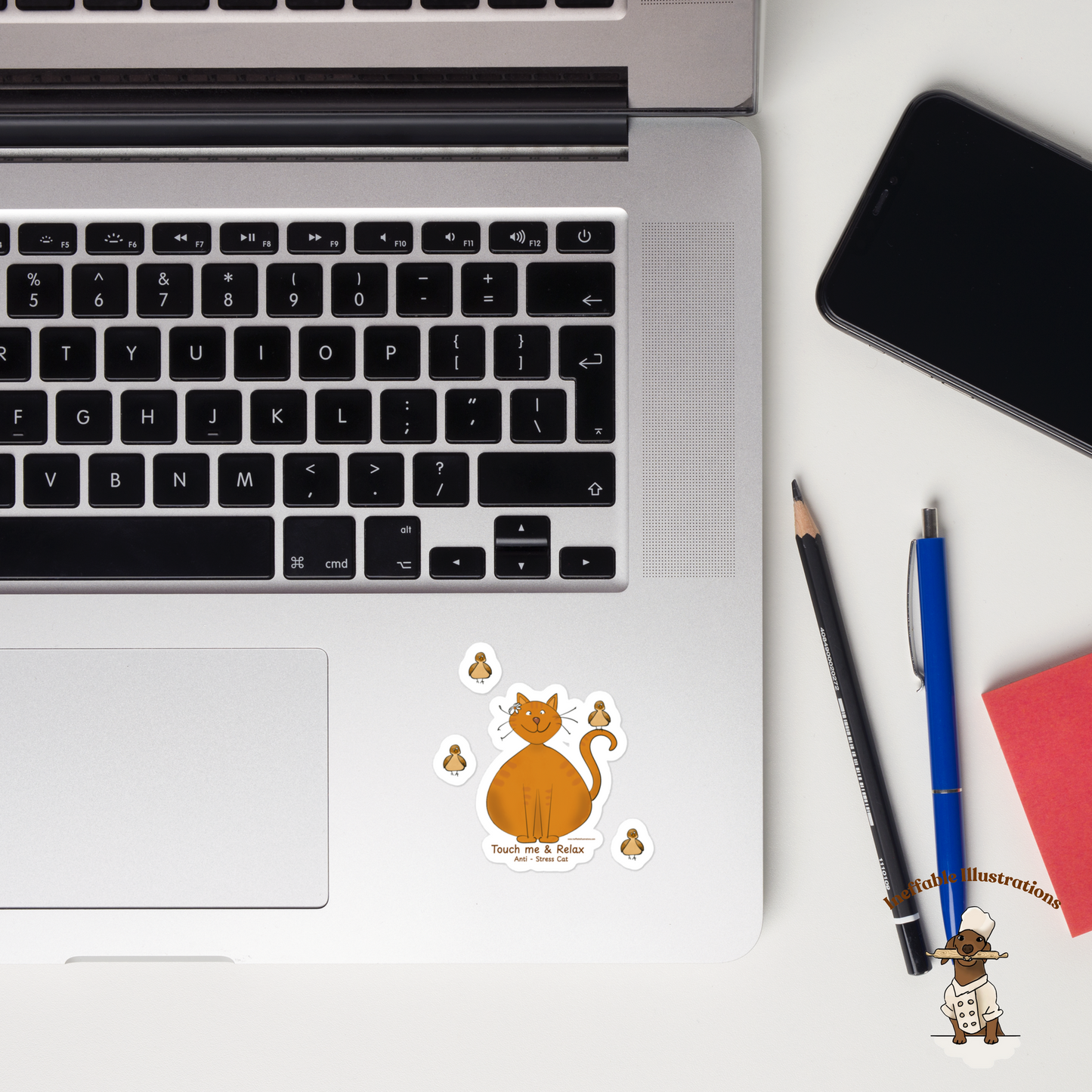Anti-Stress Cat & Bird Sticker Set – Hand-Drawn Funny Ginger Cat with Relaxed Bird + 3 Bird Stickers | Durable Vinyl, Bubble-Free Application - Ineffable Illustrations