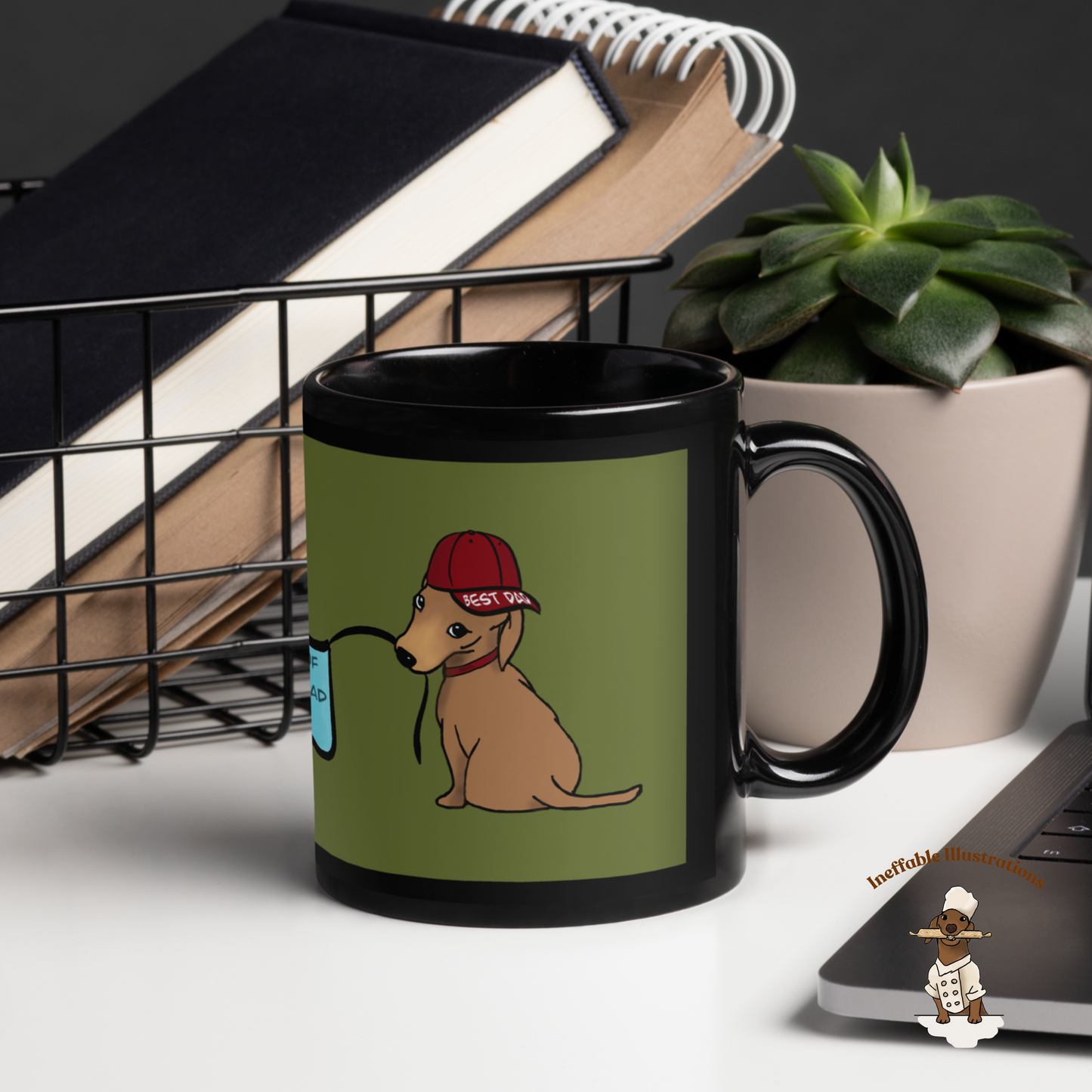 Black Glossy Dad Mug with Cute Hand Drawn Dachshunds Holding Sign - Best Dad Ever Coffee Cup Gift for Fathers Day - Ineffable Illustrations