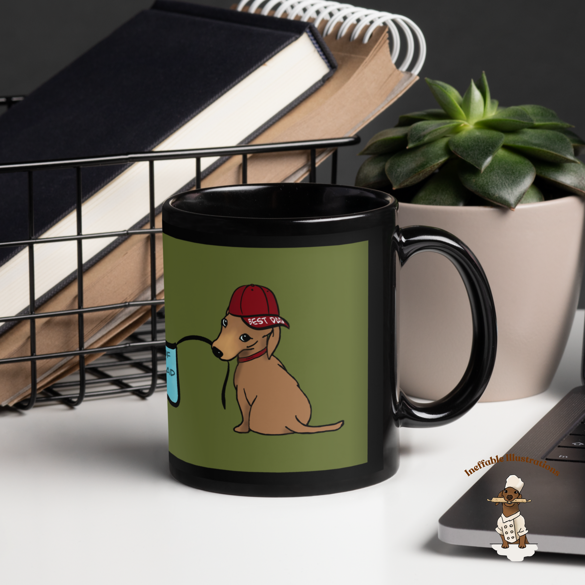 Black Glossy Dad Mug with Cute Hand Drawn Dachshunds Holding Sign - Best Dad Ever Coffee Cup Gift for Fathers Day - Ineffable Illustrations