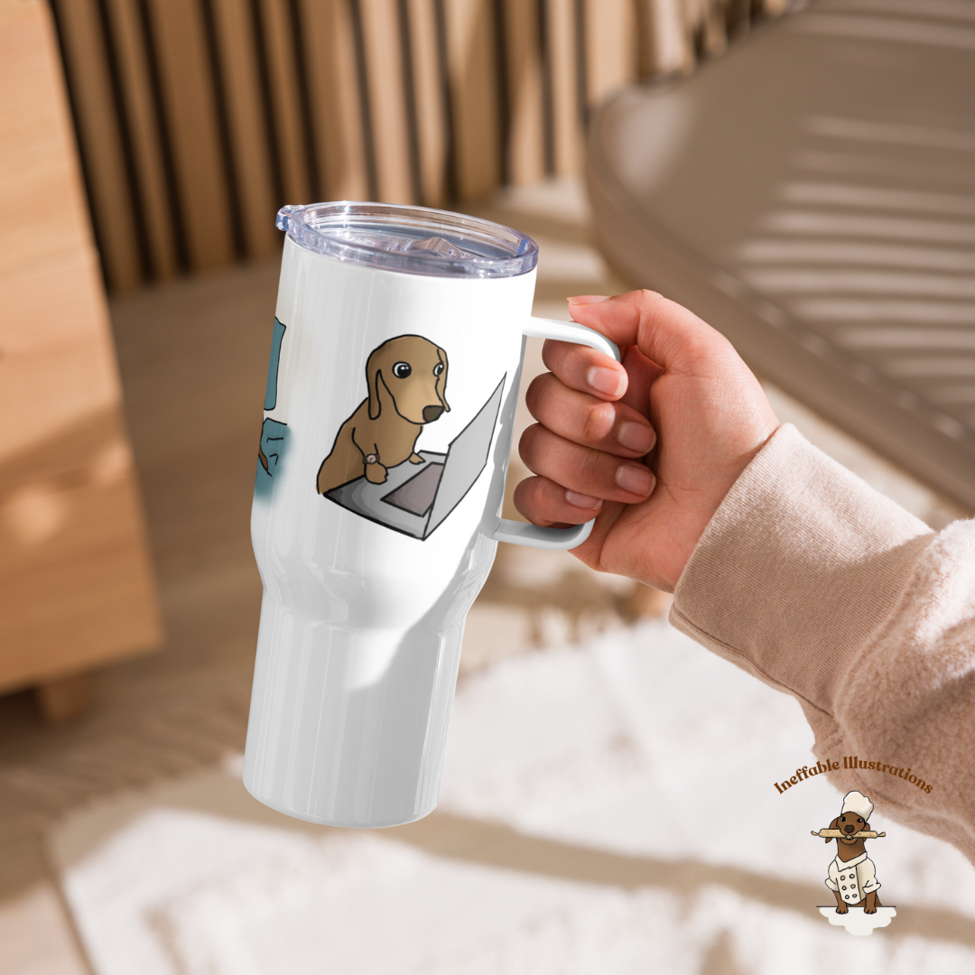 Mug "Oliver traveling with you". Dachshund Travel Mug with Handle: Cute dachshund Oliver Working on Computer, Cooking & Relaxing- Perfect Coffee Mug for any Activity!