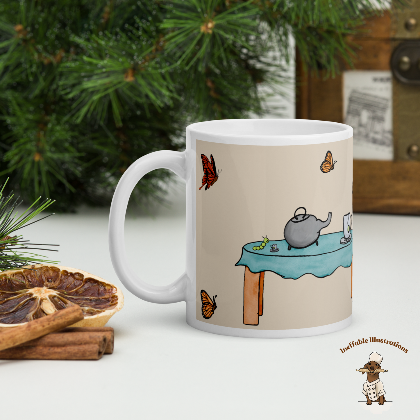 Capybara Mug - White Glossy Tea Cup with Jolly Capybara, Caterpillar & Butterflies, Cute Animal Coffee Mug, Gift for Animal Lovers