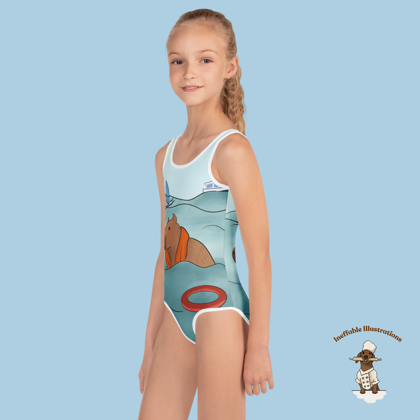 Kids Swimsuit with Cute Hand Drawn Capybara Jolly Enjoying Summer In The Sea Design, Toddler Bathing Suit, Beachwear for Girls