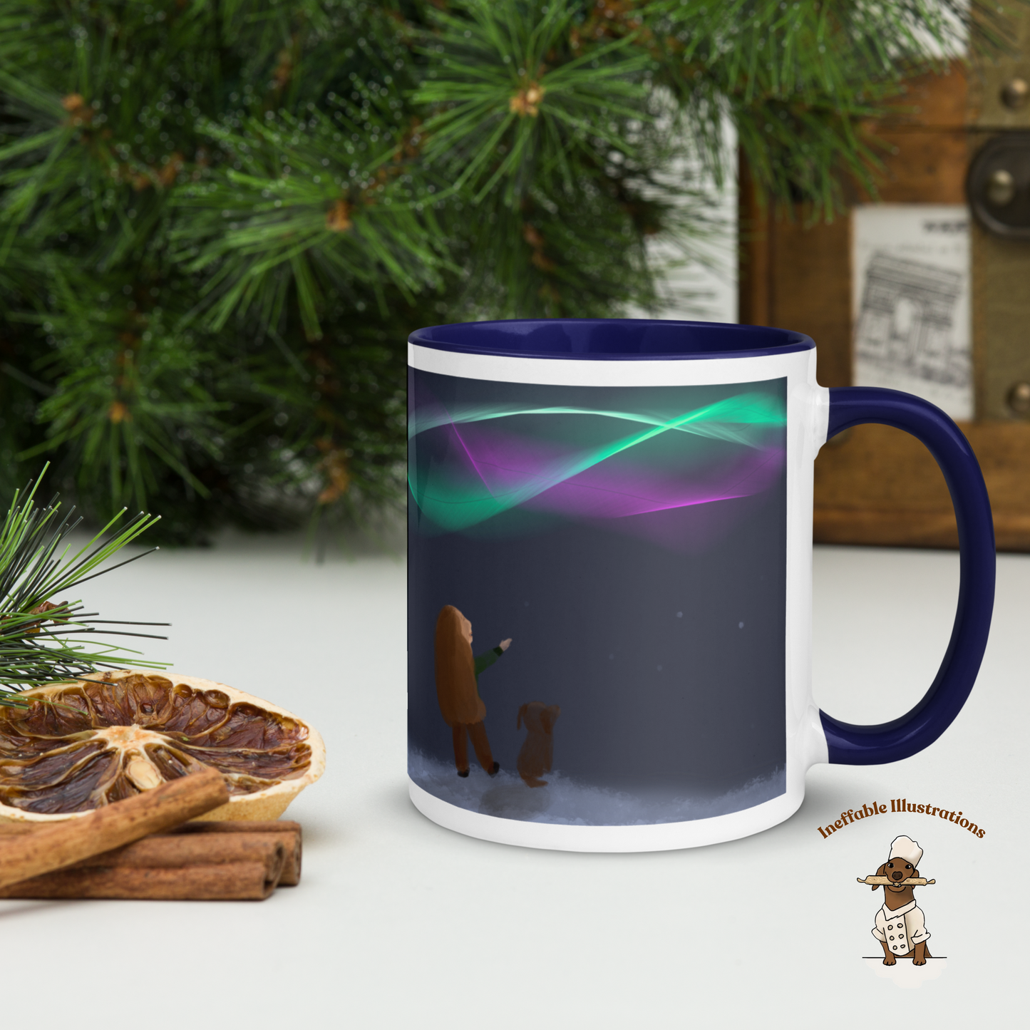 Christmas Mug. Magic Christmas Mug with Little Girl Molly & dachshund Oliver Watching Northern Lights | Cozy Holiday Gift, Colored Inside. Drawn by hand