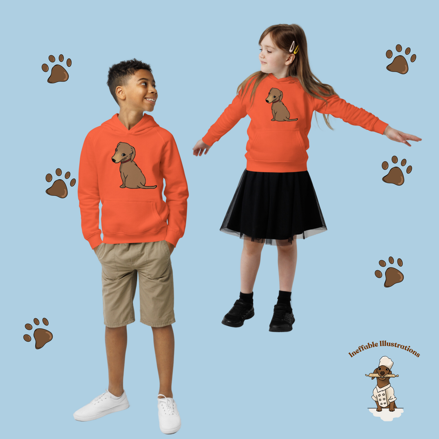 Kids Eco Hoodie with Cute Dachshund Oliver | Sustainable Fashion for Children | Adorable Animal Apparel | Drawn by Hand