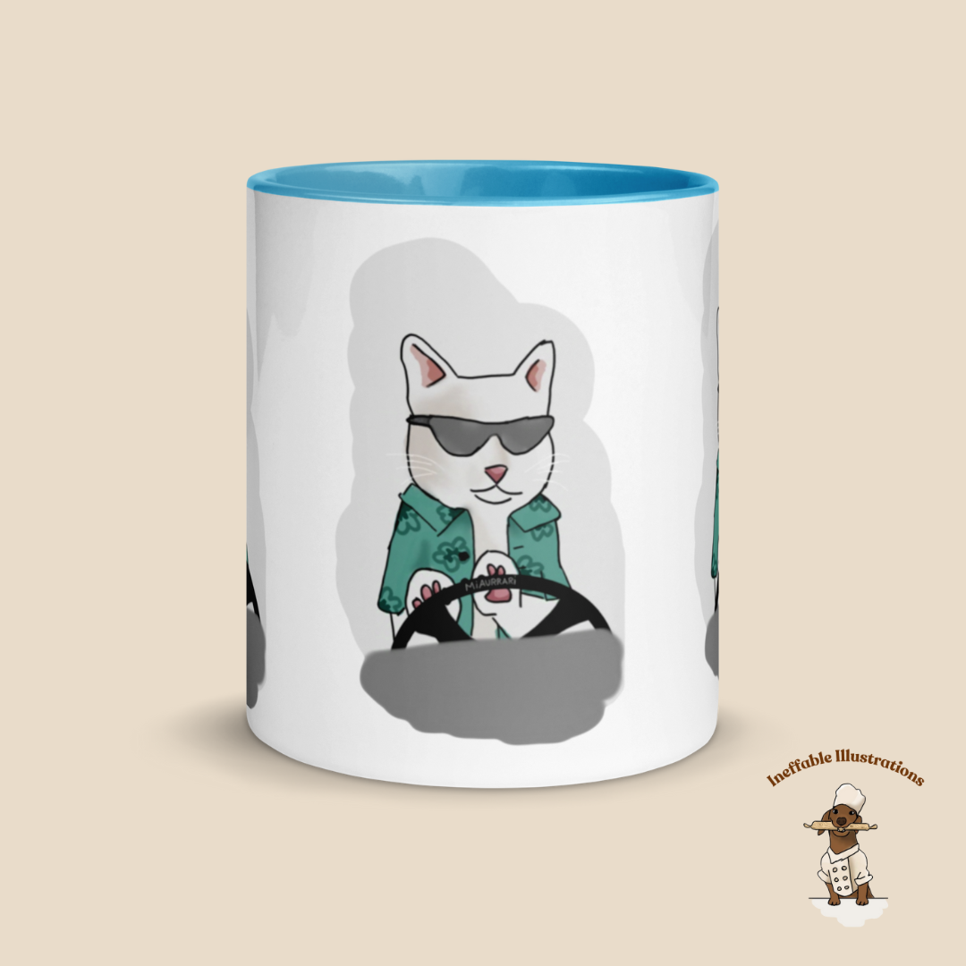 Mug "Ralph driving his luxury car Miaurrari". Cat Driving Car Mug | Funny Illustrated Coffee Cup with Color Inside | Hand-Drawn Design for Cat Lovers | Unique Gift Idea