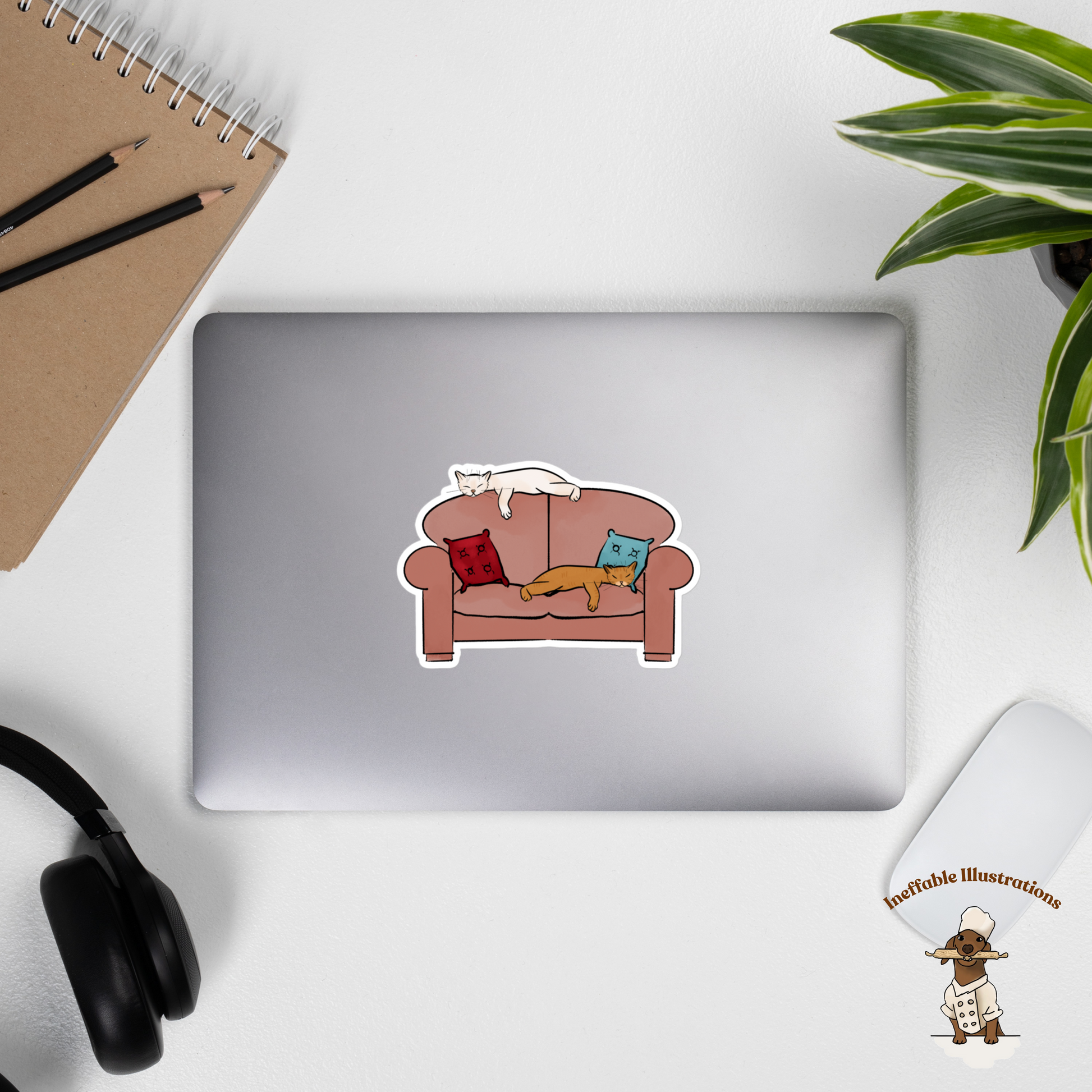 Cat Stickers: White & Ginger Cats (Ralph and Ginger) sleeping on Sofa, Lazy Life Decals for Laptops, Water Bottles and Journals - Ineffable Illustrations