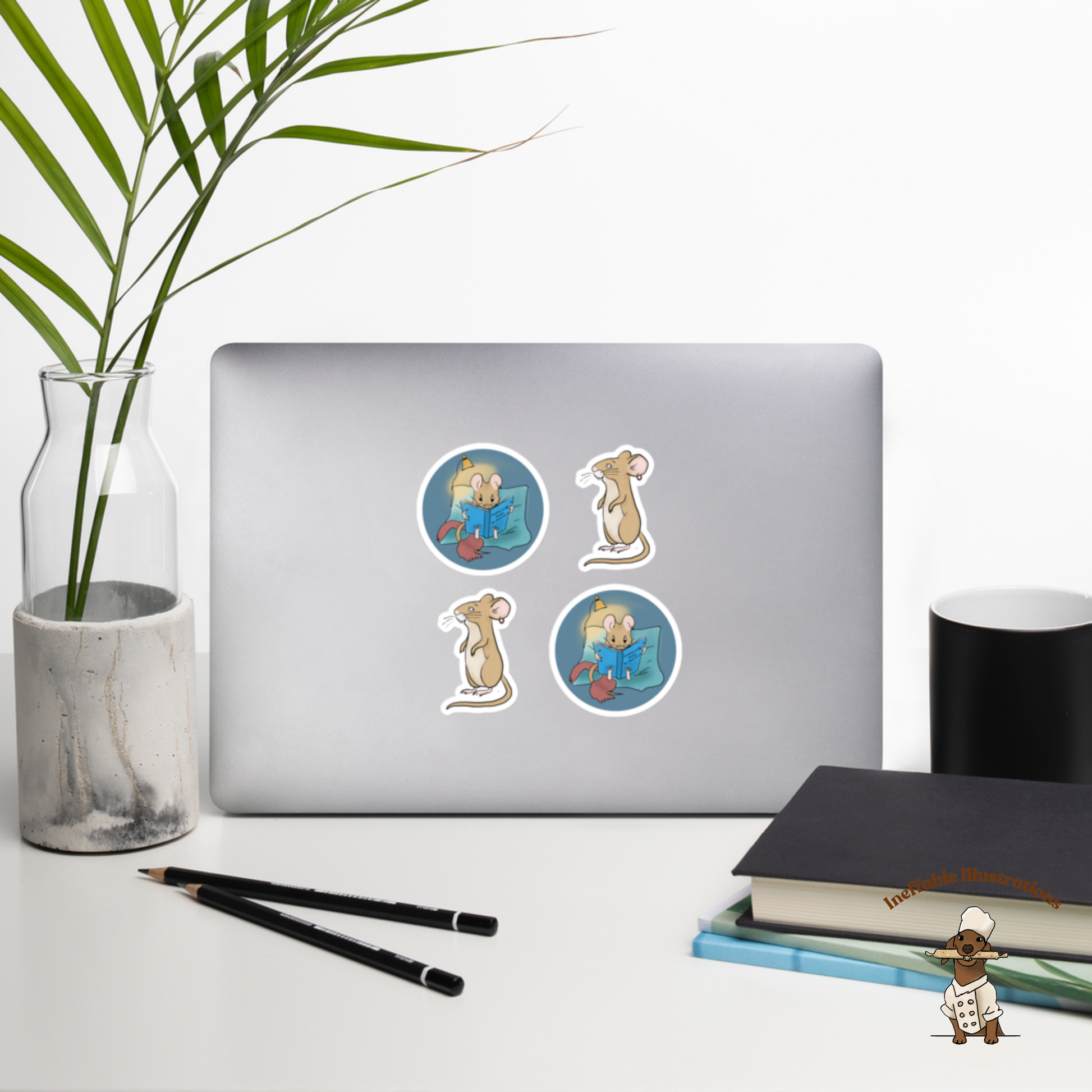 Bubble-Free Mouse Pedro Stickers Set – Cute Standing & Reading Book Designs, Decorative Decals for Laptop, Planner and Journals - Ineffable Illustrations