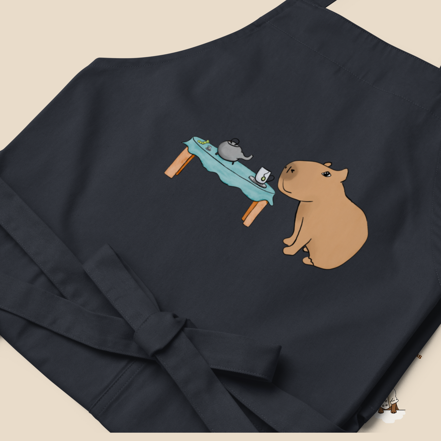 Organic Cotton Apron with Cute Capybara Drinking Tea with Caterpillar - Hand Drawn Illustration, Eco-Friendly Kitchen Accessory