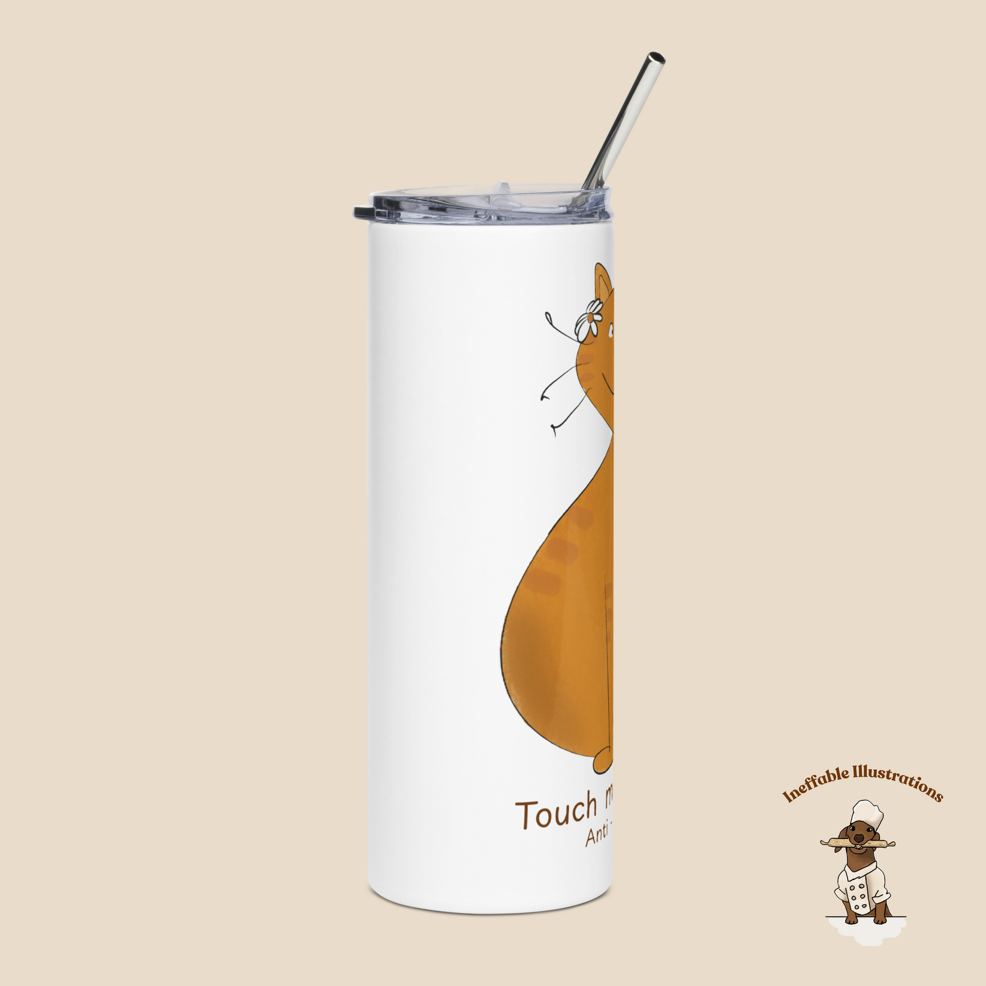 Funny Ginger Cat Stainless Steel Tumbler – Hand-Drawn Anti-Stress Cat, Reusable Travel Tumbler with Metal Straw - Ineffable Illustrations
