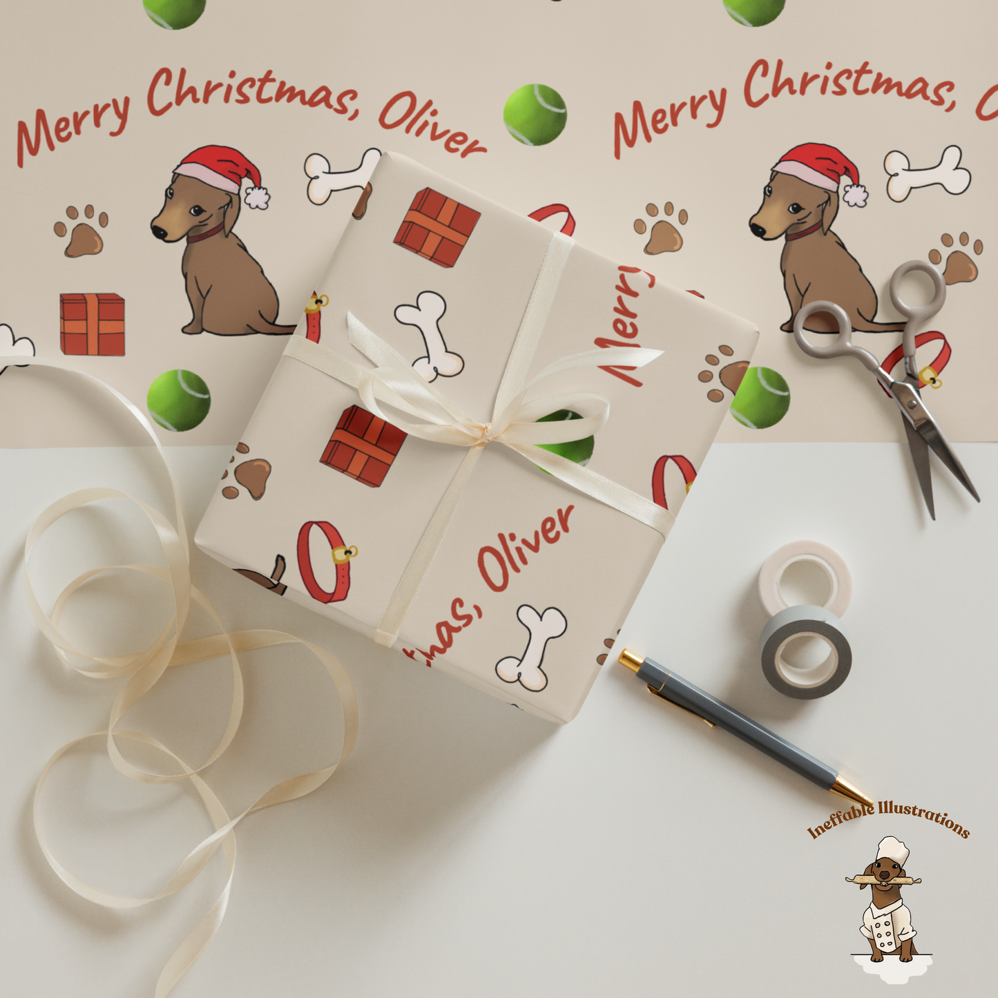 Personalized Dachshund Christmas Wrapping Paper - Custom Name Gift Wrap with Oliver - Festive Holiday Gift Wrap Sheets