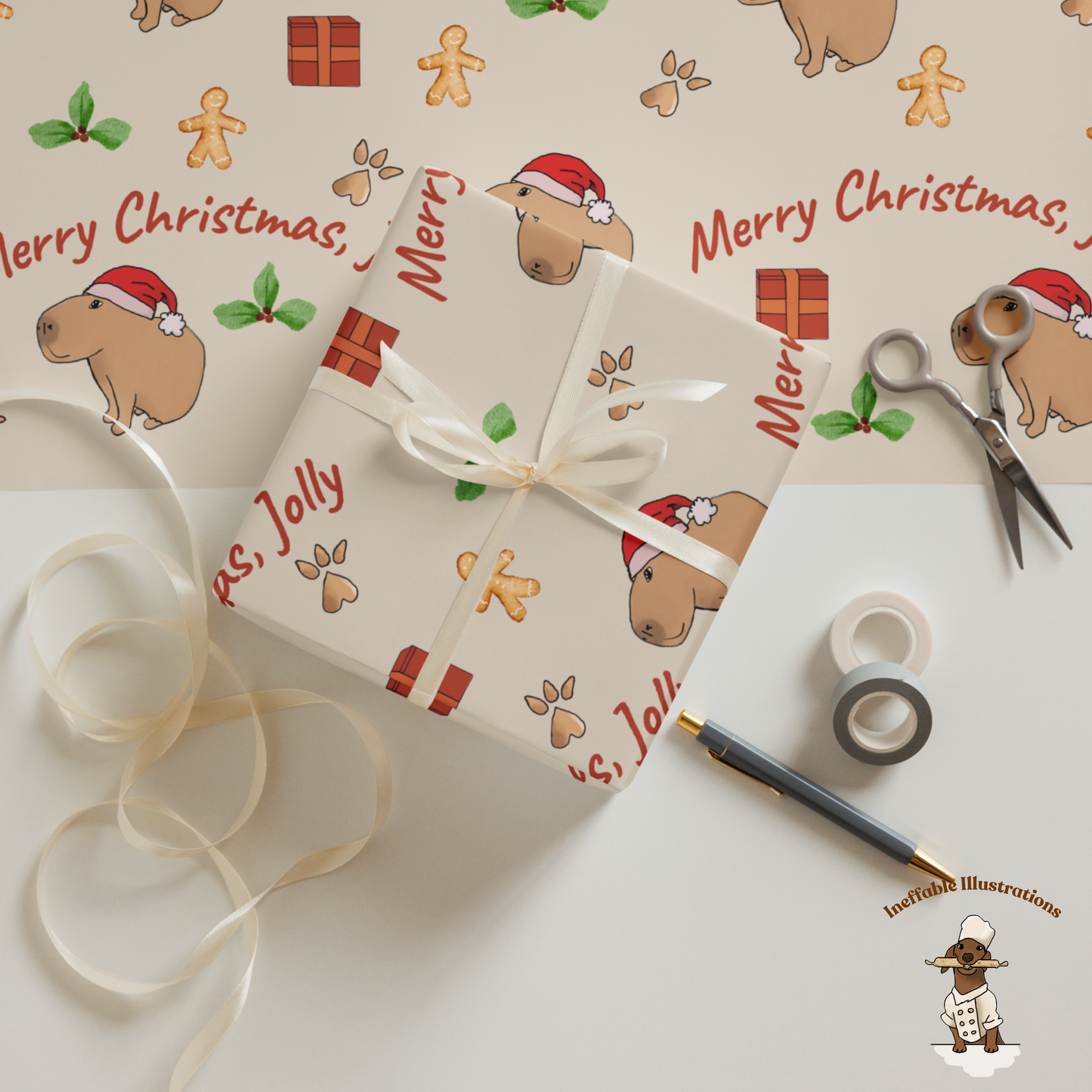 Personalized Capybara Christmas Wrapping Paper - Custom Name Gift Wrap with Jolly - Festive Holiday Gift Wrap Sheets