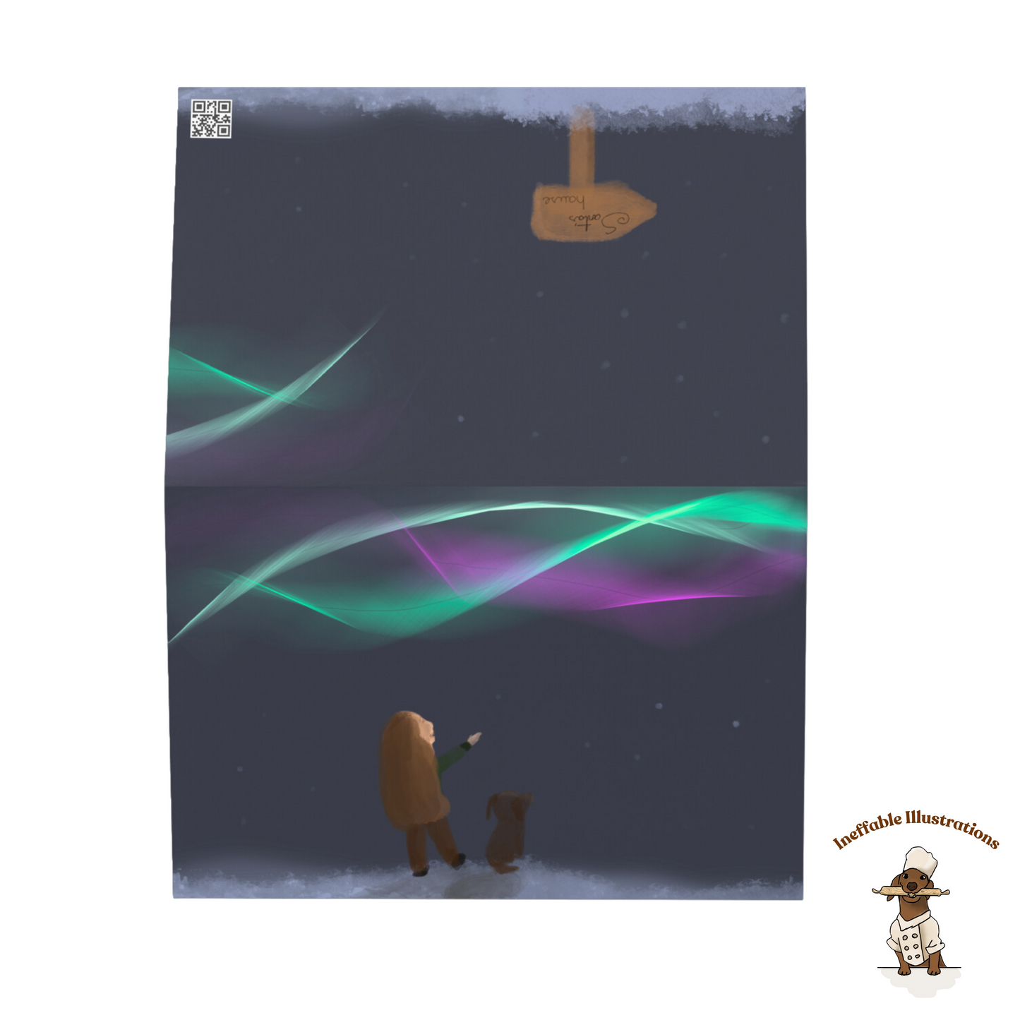 Winter Magic Greeting Card | Little Girl Molly & Dachshund Oliver Watching Northern Lights | Cozy Holiday Gift, Hand-Drawn Design