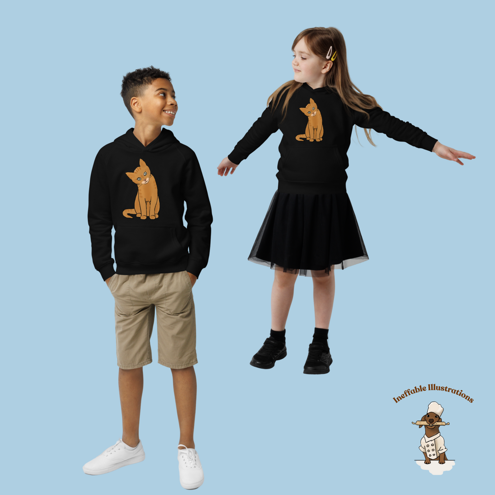 Kids Eco Hoodie with Cute Ginger Cat Design, Sustainable & Cozy, Perfect for Cat Lovers, Eco-Friendly Apparel - Ineffable Illustrations
