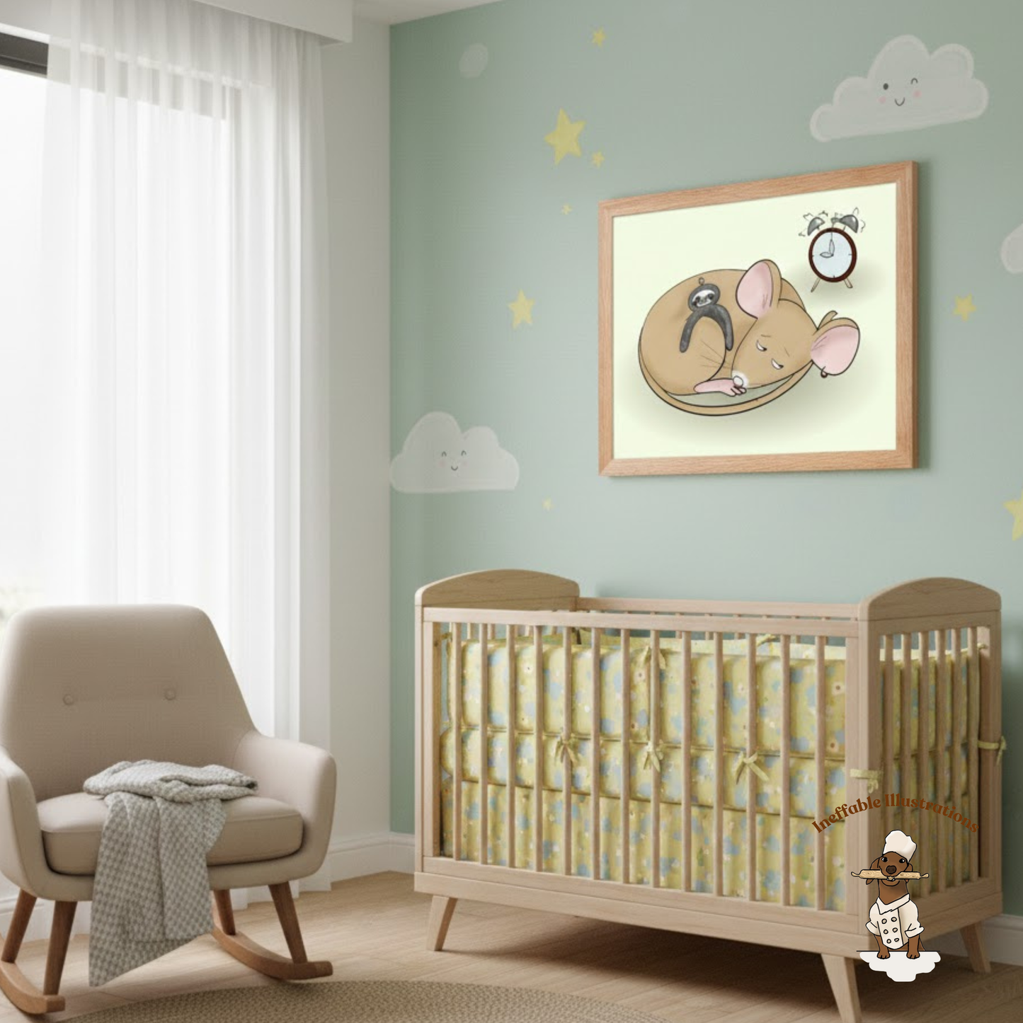 Sleepy Pedro Mouse with Sloth Toy - Nursery & Kids Room Framed Poster (Green)