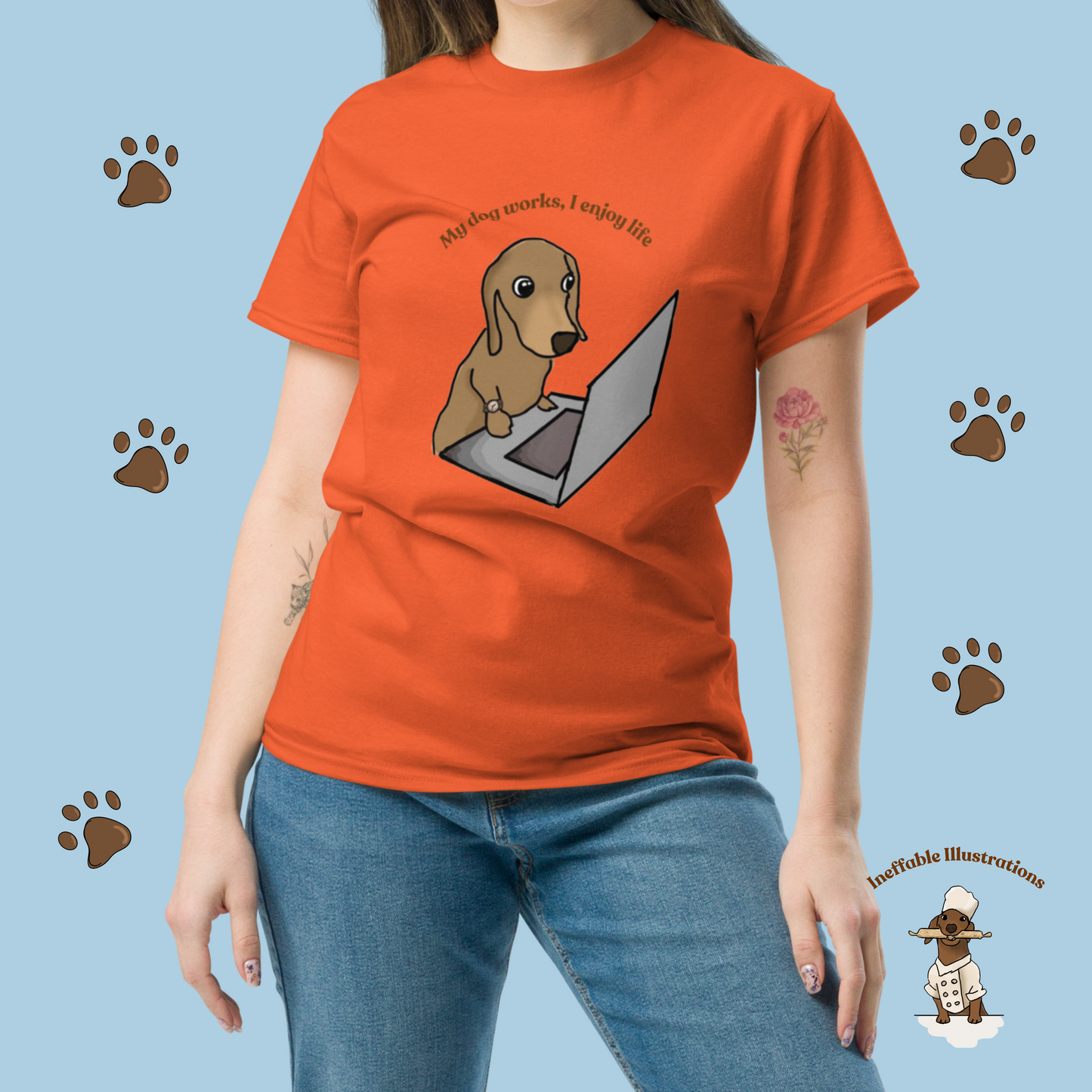 Shirt "Oliver works, I enjoy life". Funny Dog Illustration Tee | Hand-drawn Design | Trendy 100% Cotton Shirt