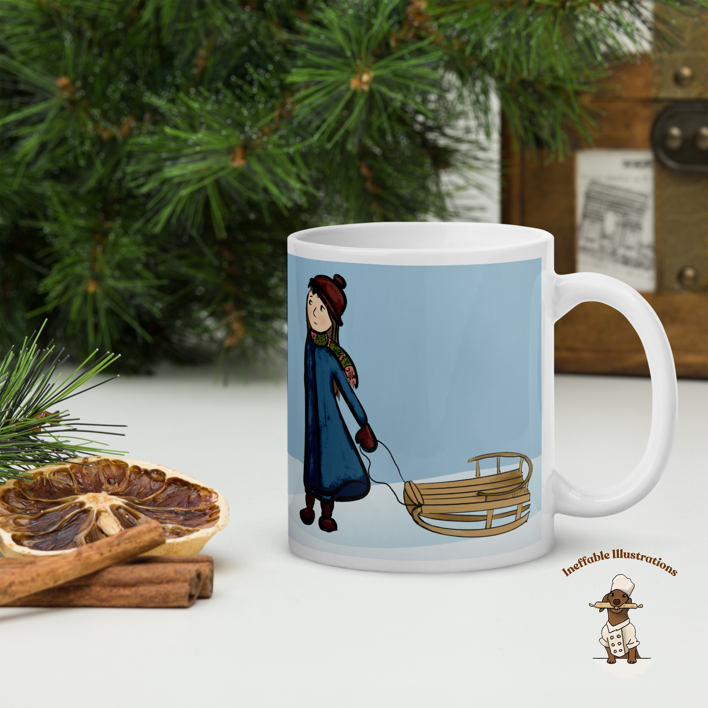 White Glossy Mug with Cute Little Girl Molly & Sleigh on Snow – Hand Drawn Winter Coffee Mup Gift