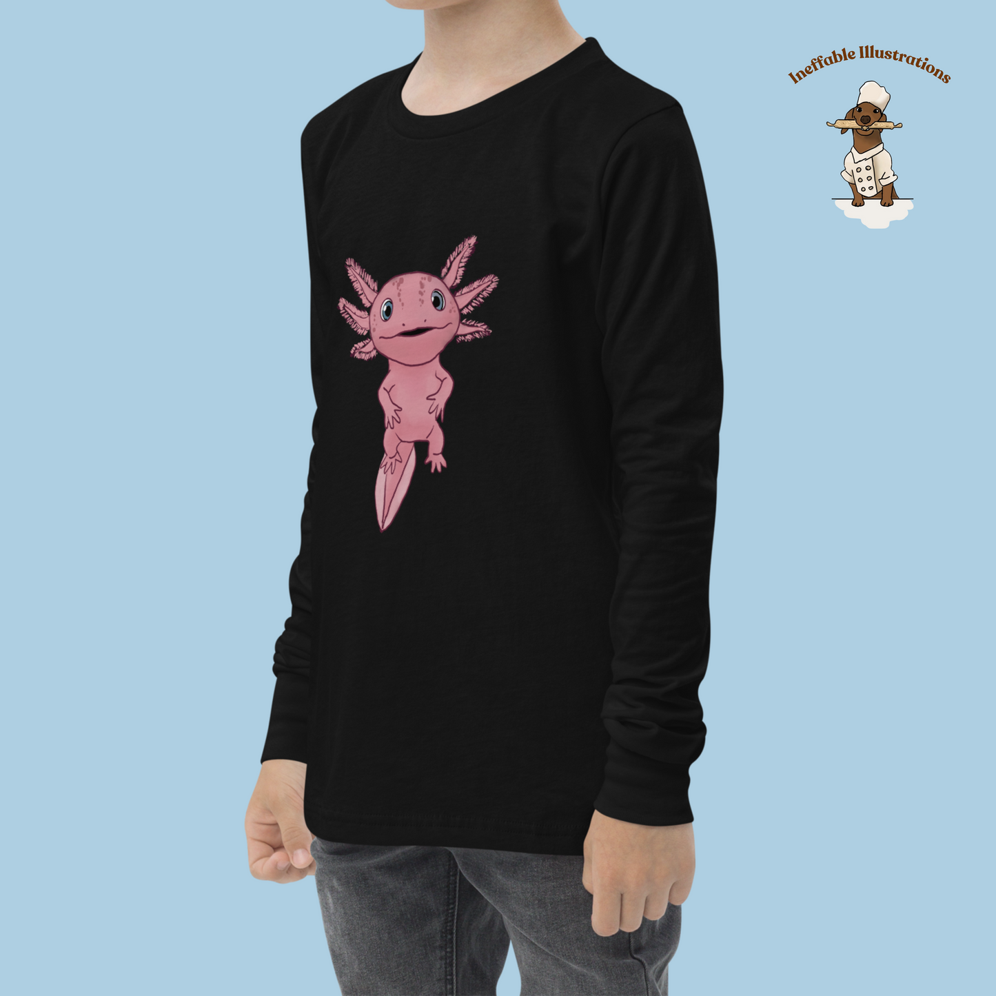 Axolotl Youth Long Sleeve Tee, Cute Axolotl Shirt for Kids, Adorable Hand Drawn Illustration Tee, Fun Gift for Boys & Girls