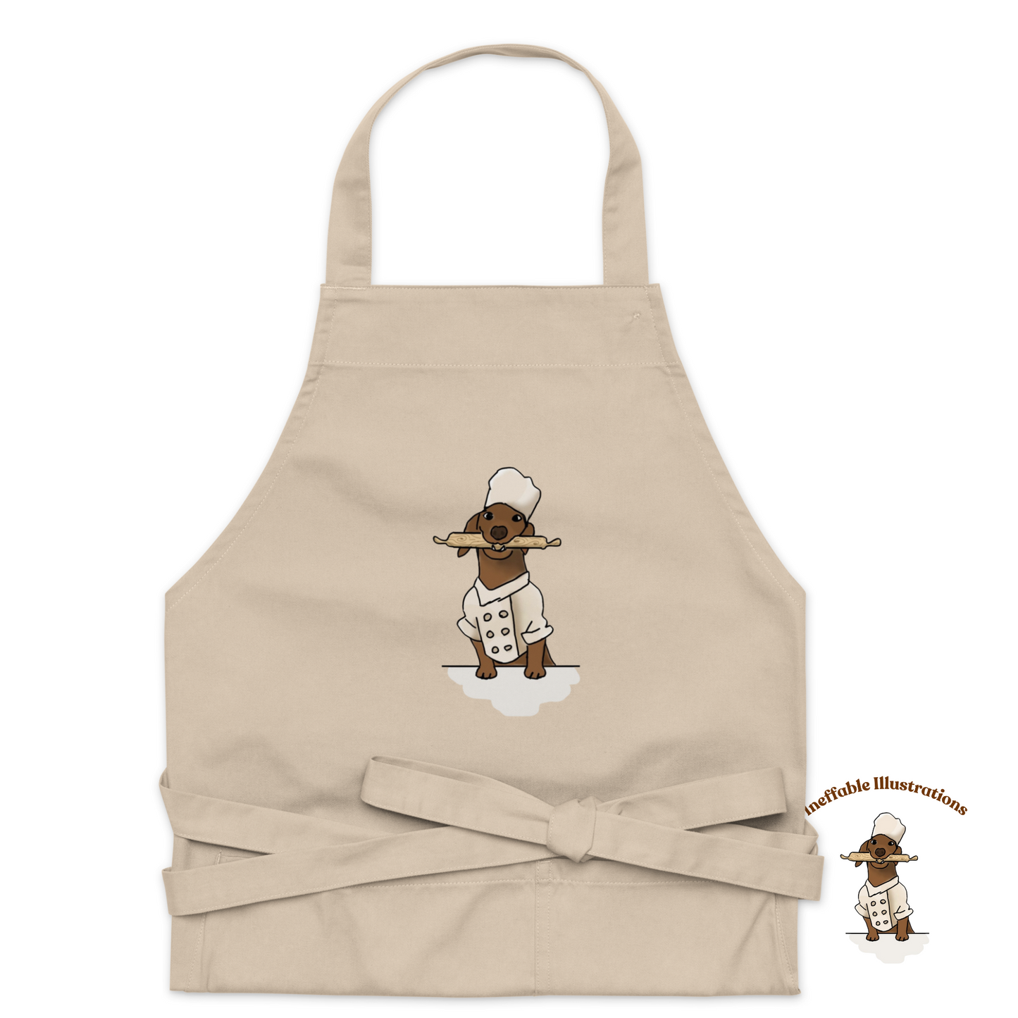 Organic cotton apron with the cute image of sausage dog chef